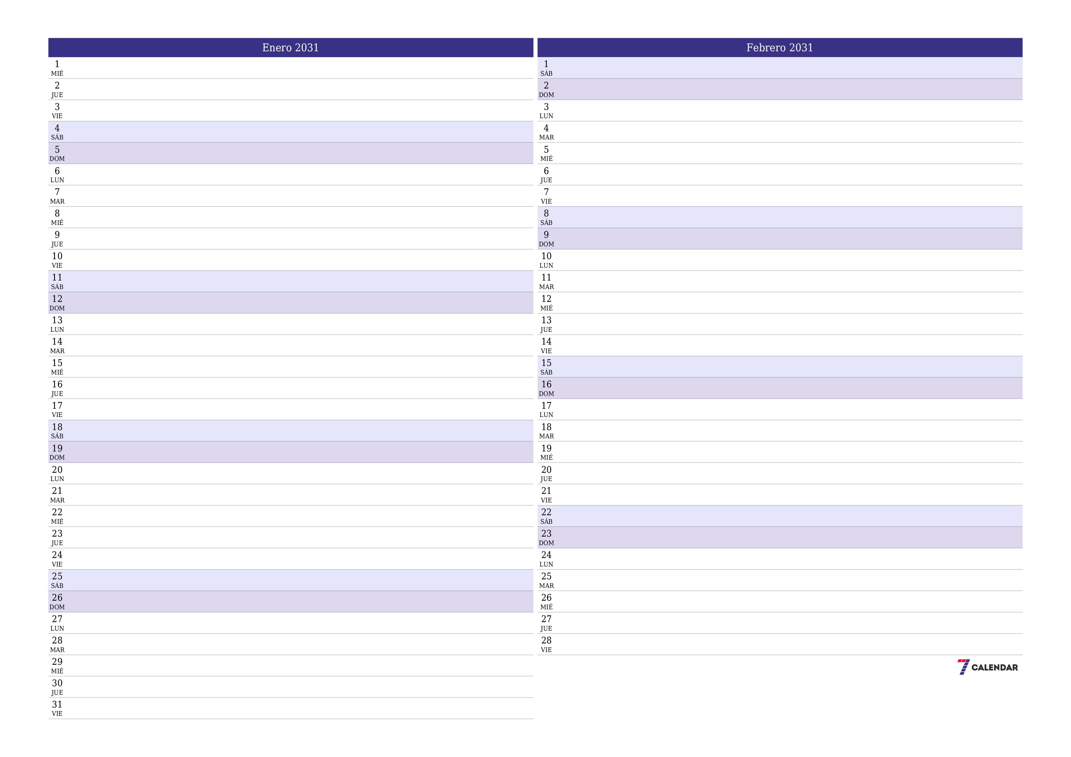 Planificador mensual vacío para el mes Enero 2031 con notas, guardar e imprimir en PDF PNG Spanish