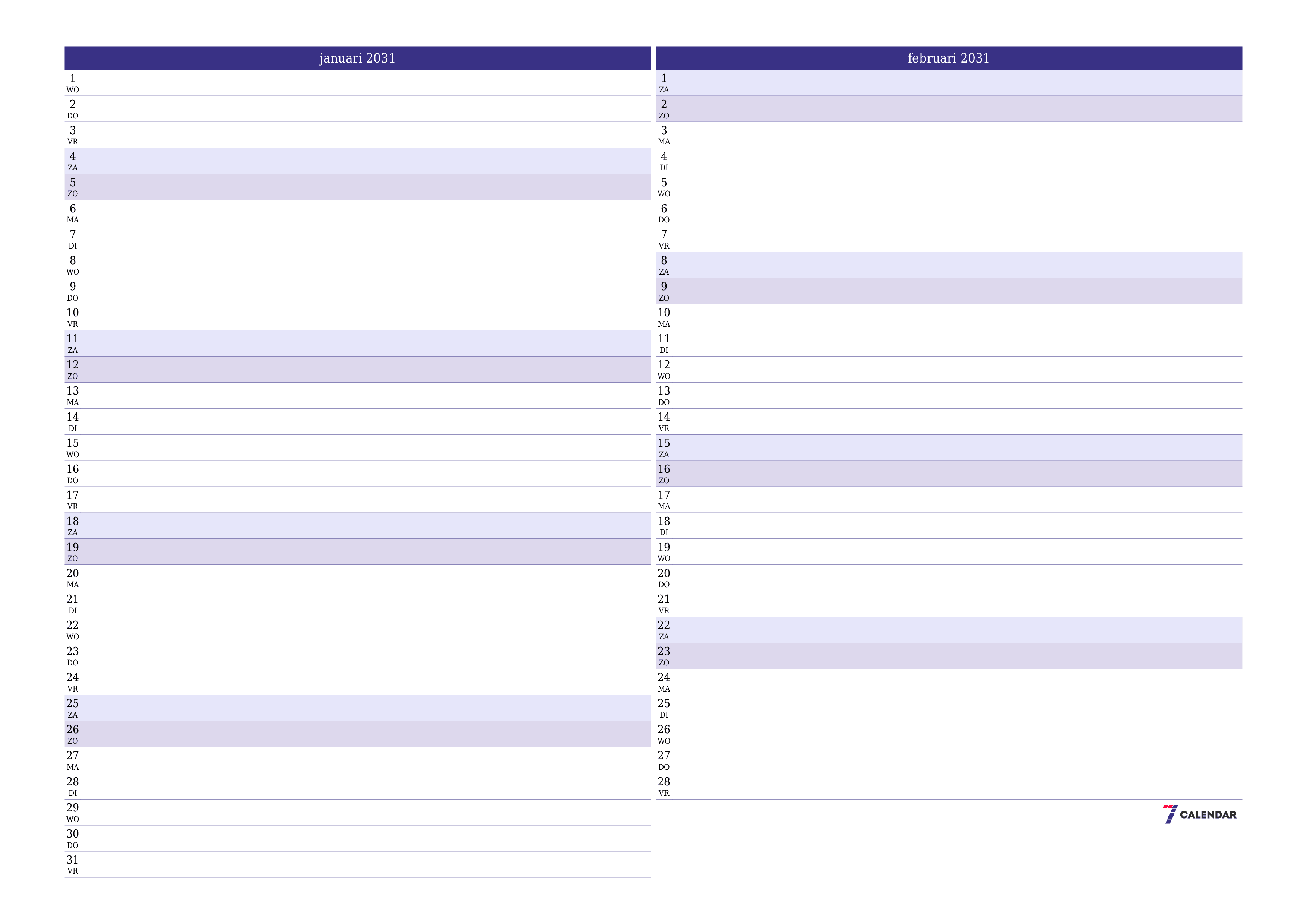 Lege maandplanner voor maand januari 2031 met notities, opslaan en afdrukken naar pdf PNG Dutch