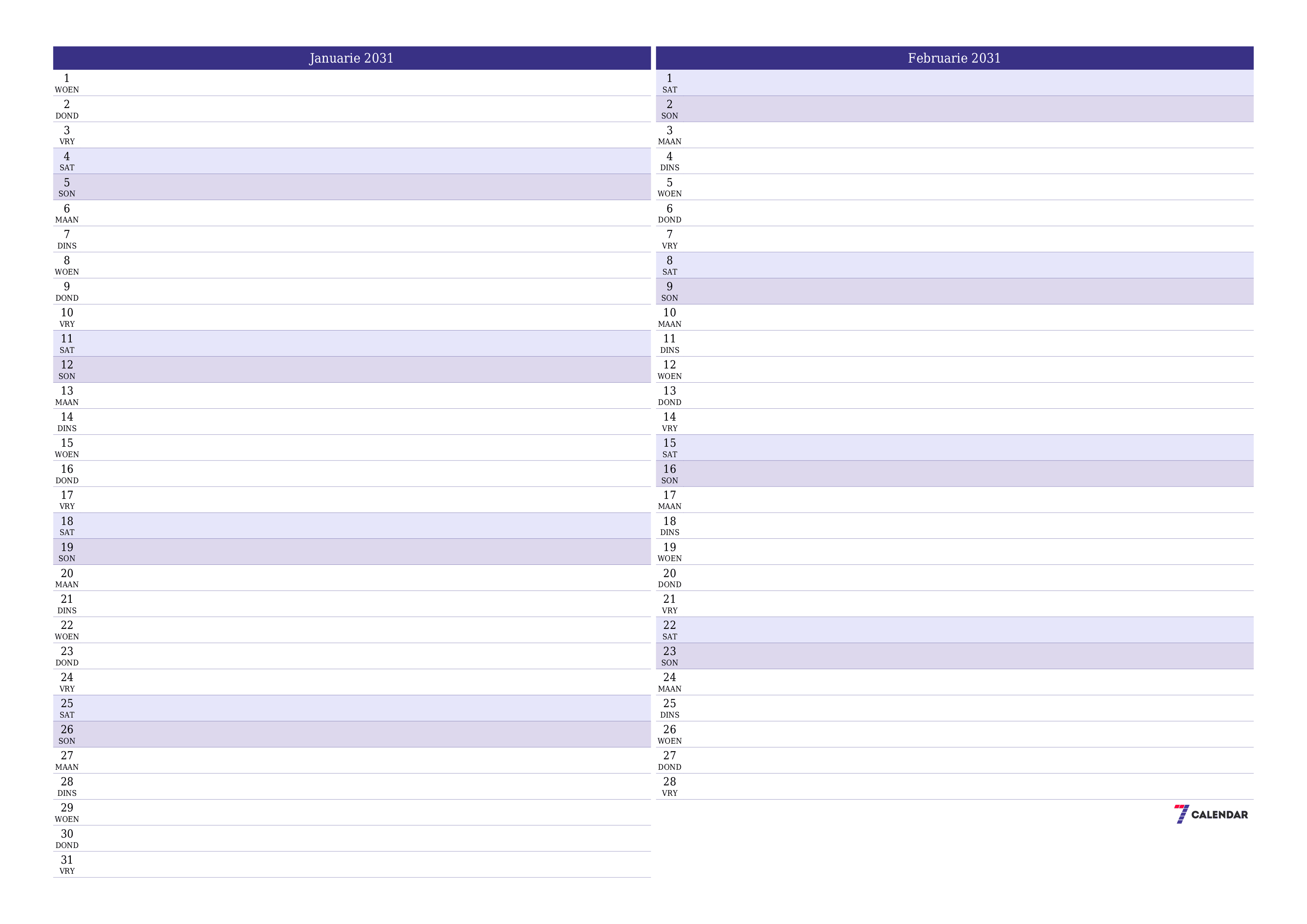 Leë maandelikse drukbare kalender en beplanner vir maand Januarie 2031 met notas stoor en druk na PDF PNG Afrikaans