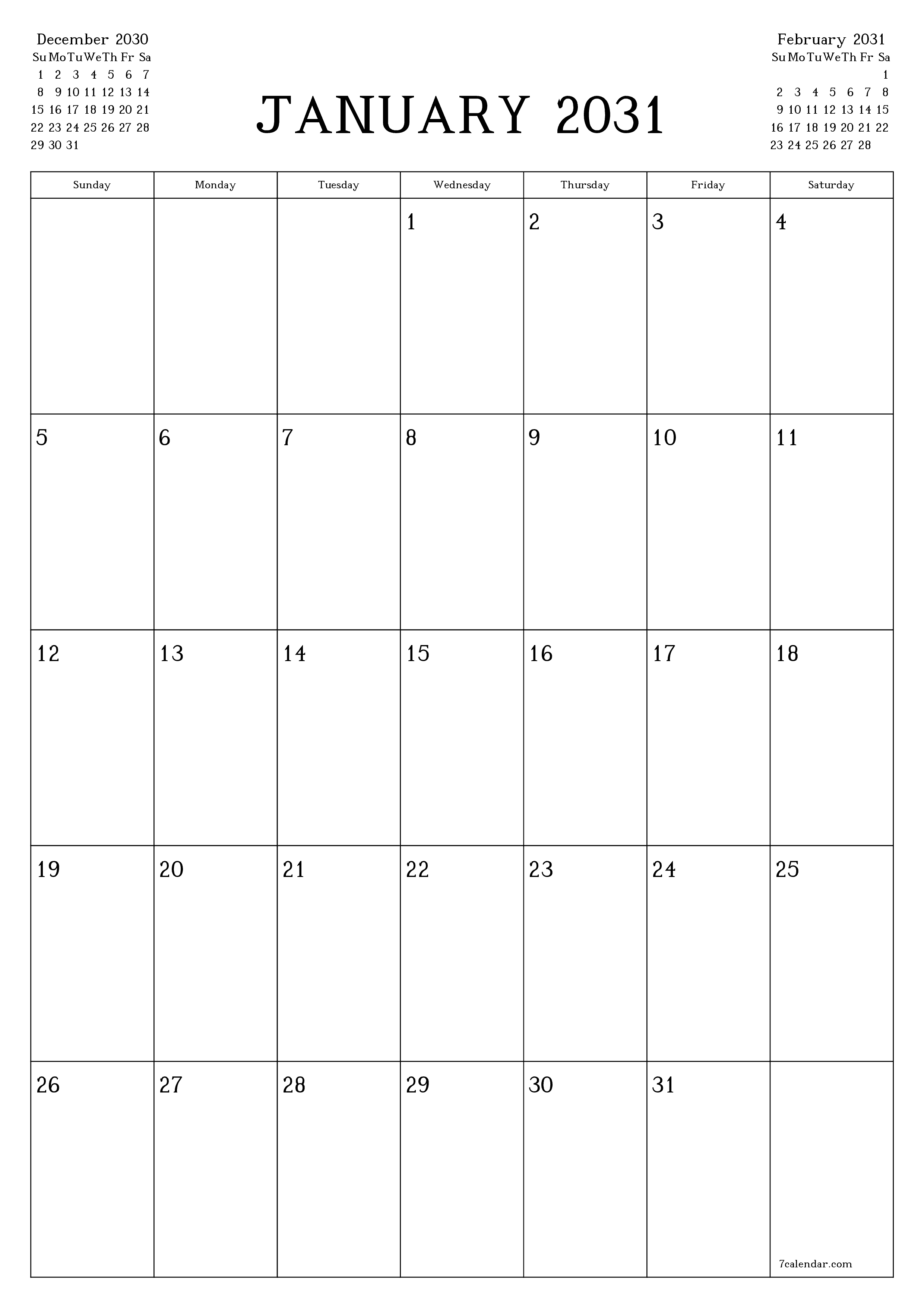 printable wall template free vertical Monthly planner calendar January (Jan) 2031