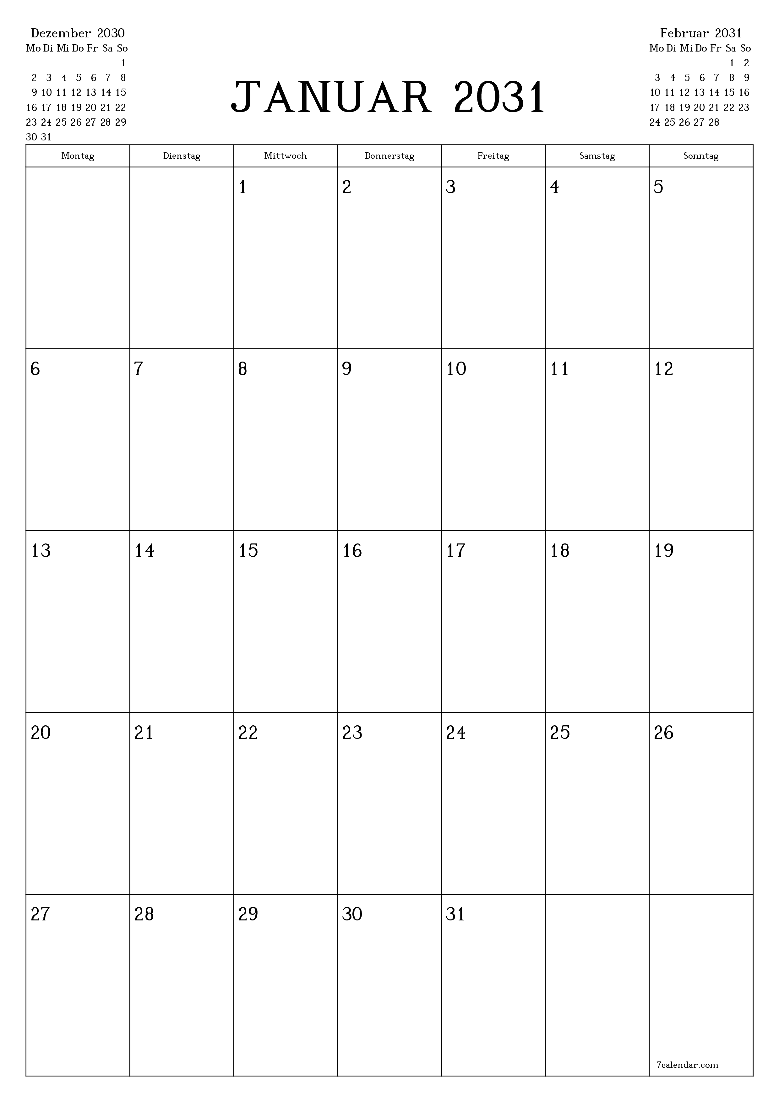  zum Ausdrucken Wandkalender vorlage kostenloser vertikal Monatlich Planer Kalender Januar (Jan) 2031