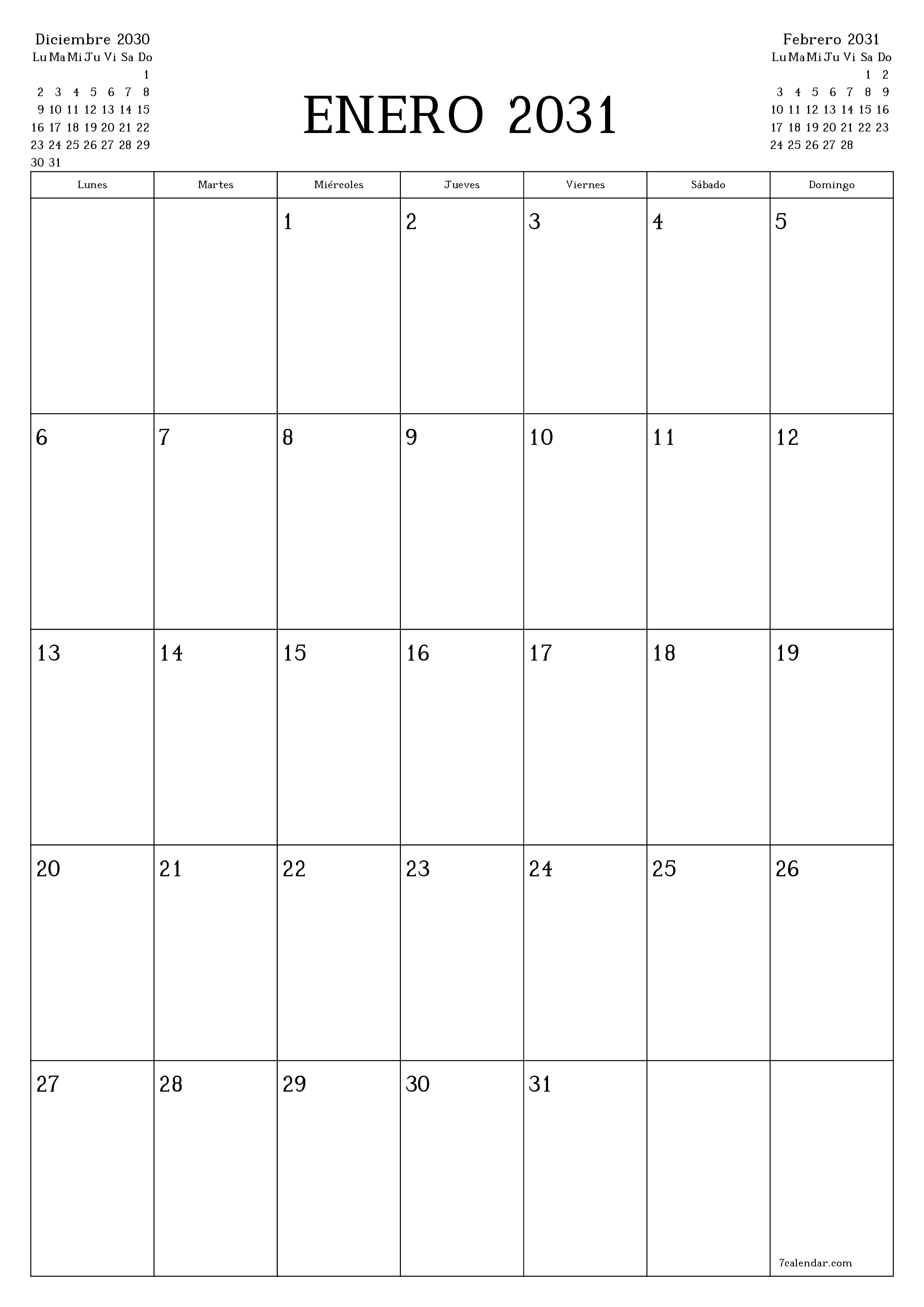  imprimible de pared plantilla de gratisvertical Mensual planificador calendario Enero (Ene) 2031