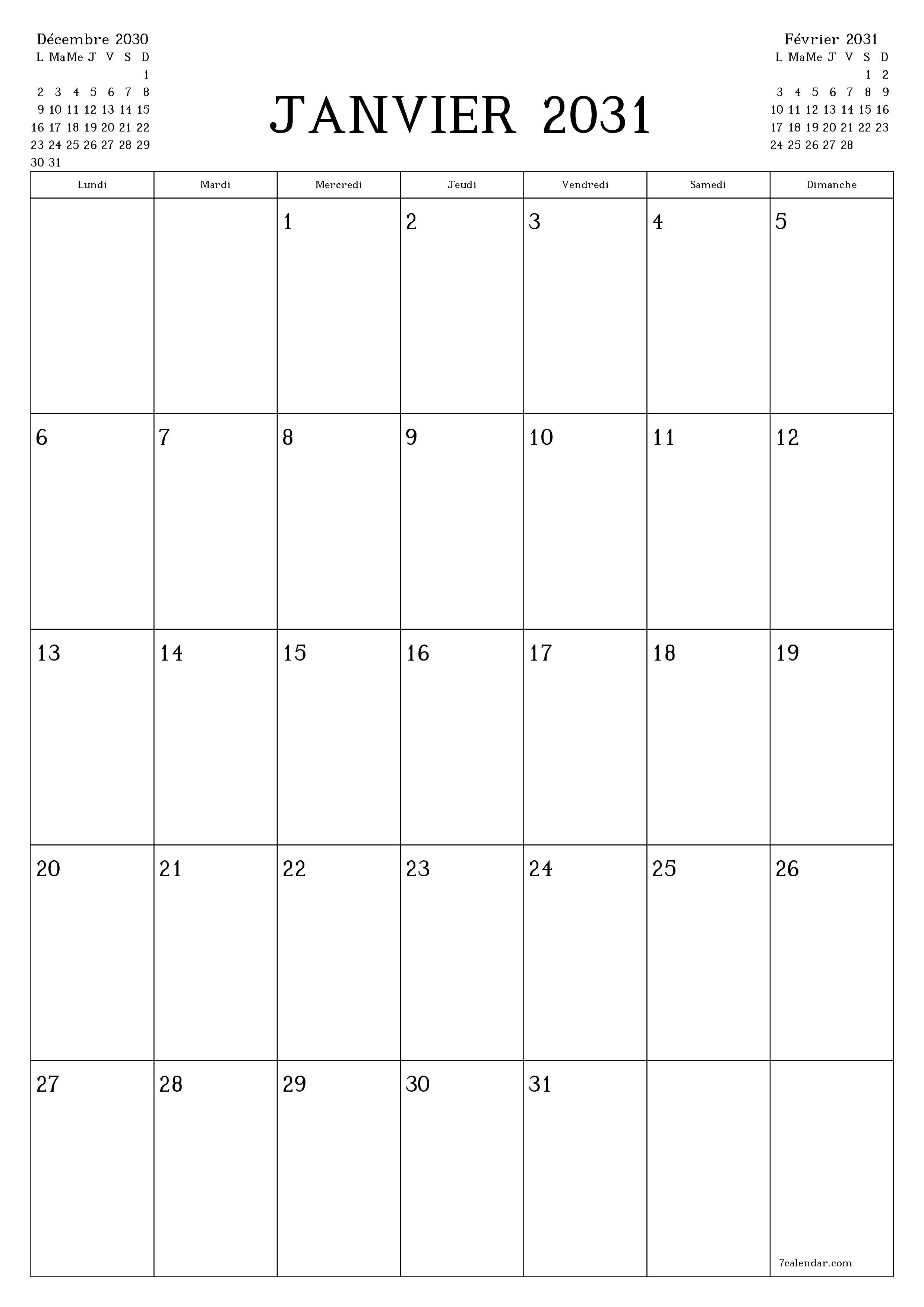  imprimable mural modèle de gratuitverticale Mensuel planificateur calendrier Janvier (Jan) 2031