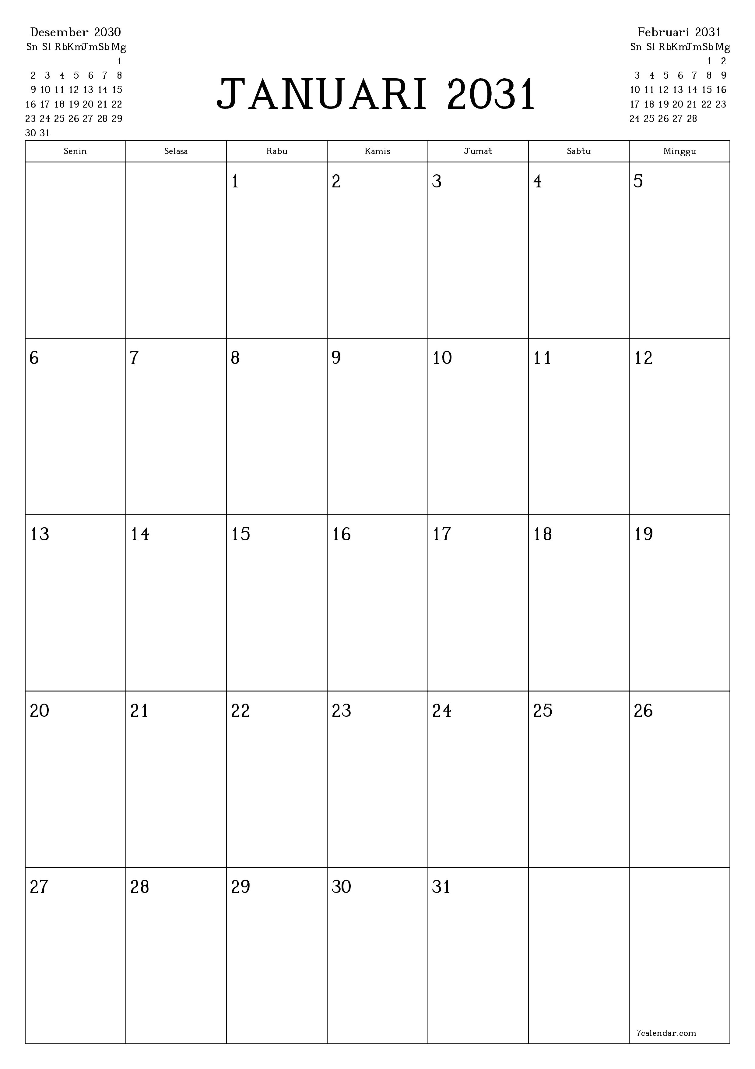  yang dapat dicetak dinding templat gratisvertikal Bulanan perencana kalender Januari (Jan) 2031