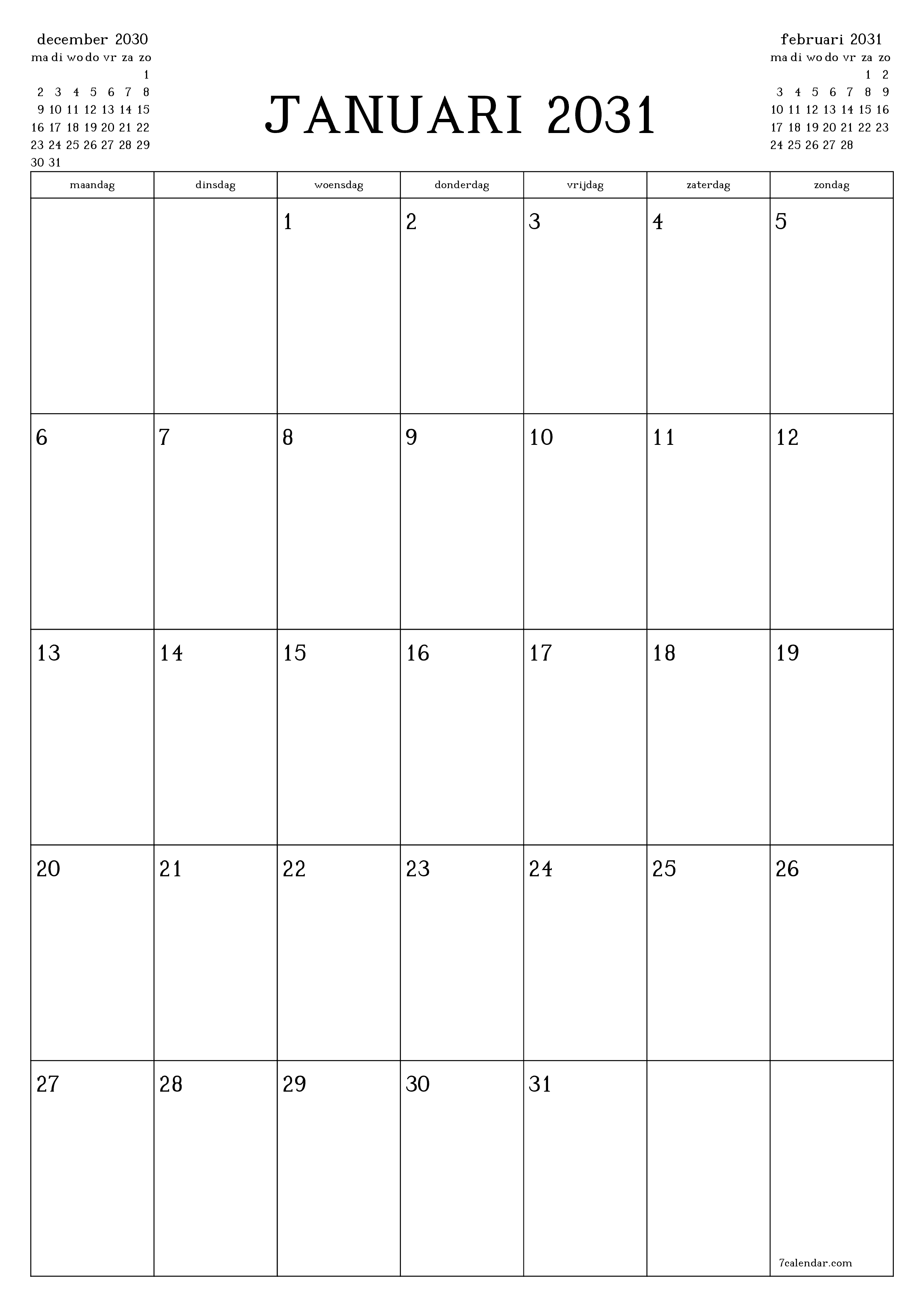 afdrukbare muur sjabloon gratis verticaal Maandelijks planner kalender januari (jan) 2031