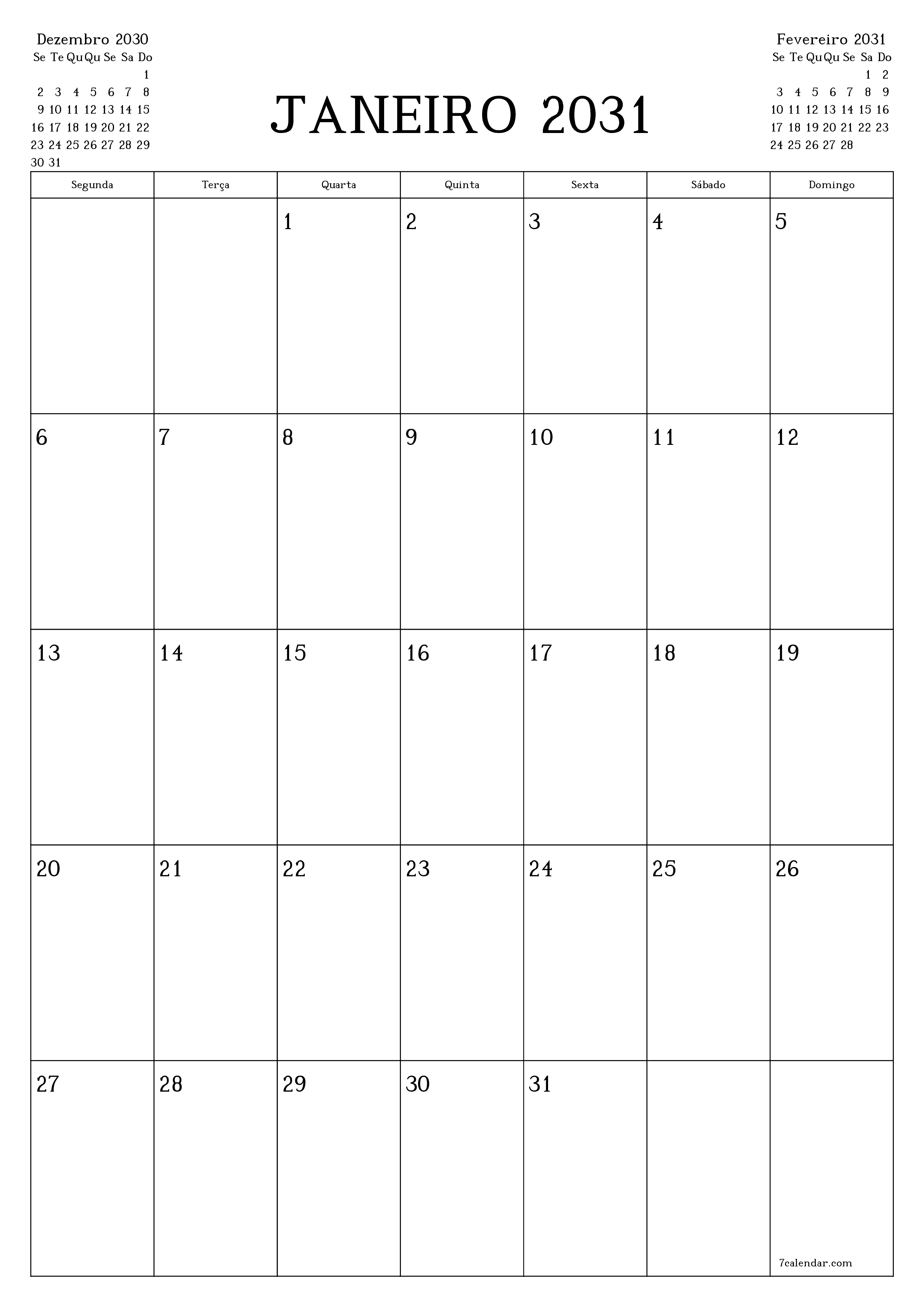  para impressão de parede modelo de grátisvertical Mensal planejador calendário Janeiro (Jan) 2031