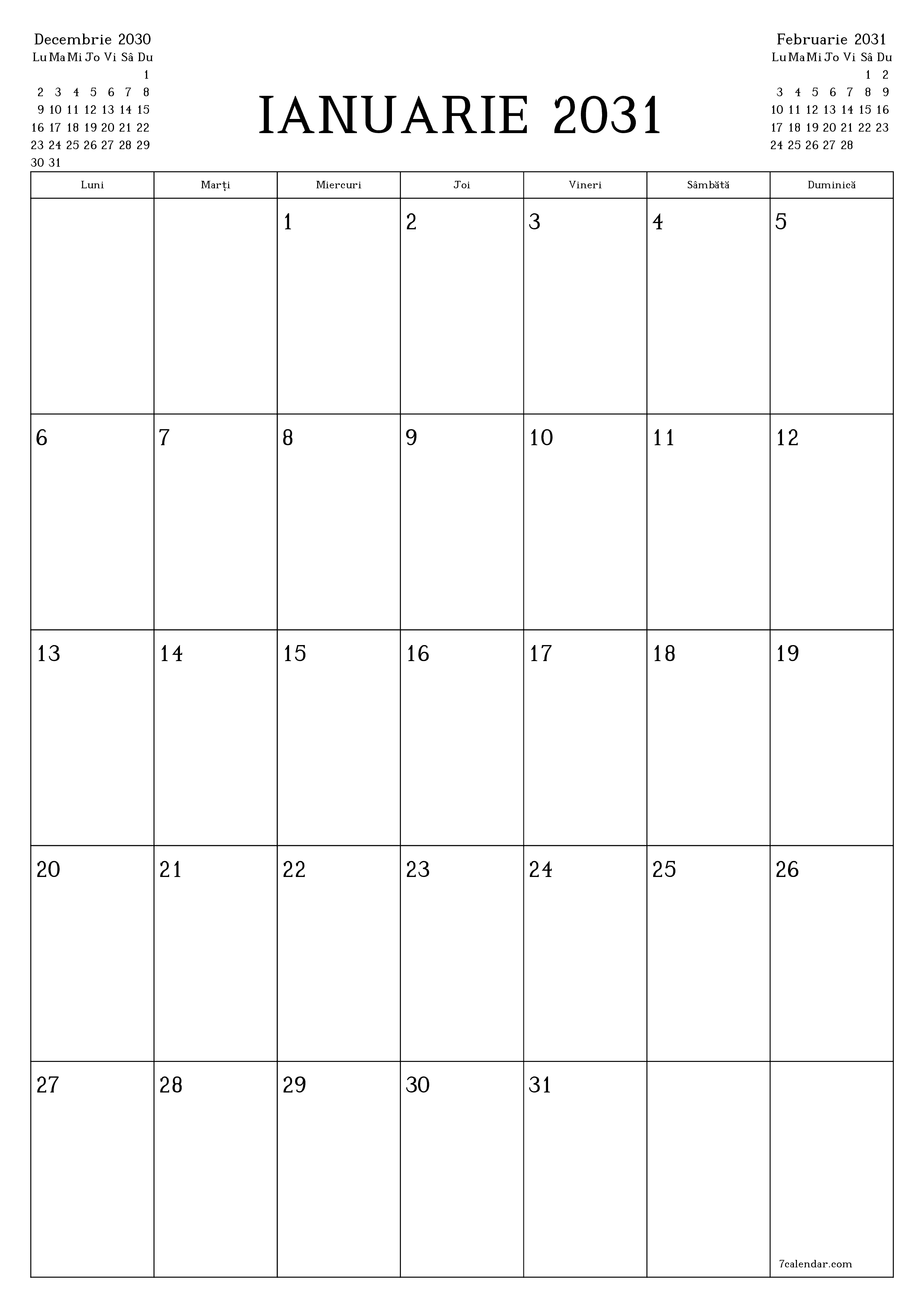  imprimabil de perete șablon de gratuitvertical Lunar planificator calendar Ianuarie (Ian) 2031