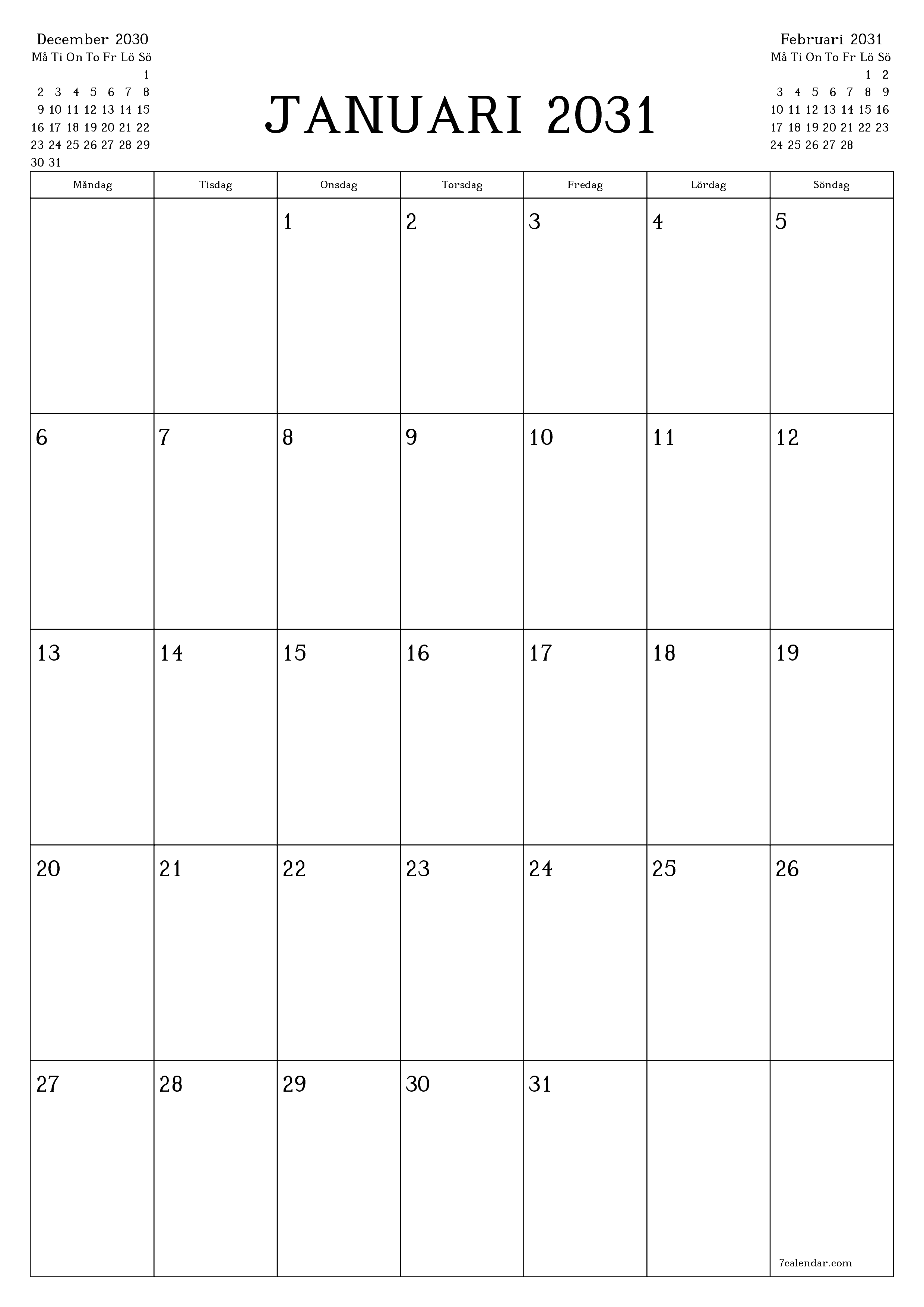 utskrivbar vägg mall gratis vertikal Månatlig planerare kalender Januari (Jan) 2031