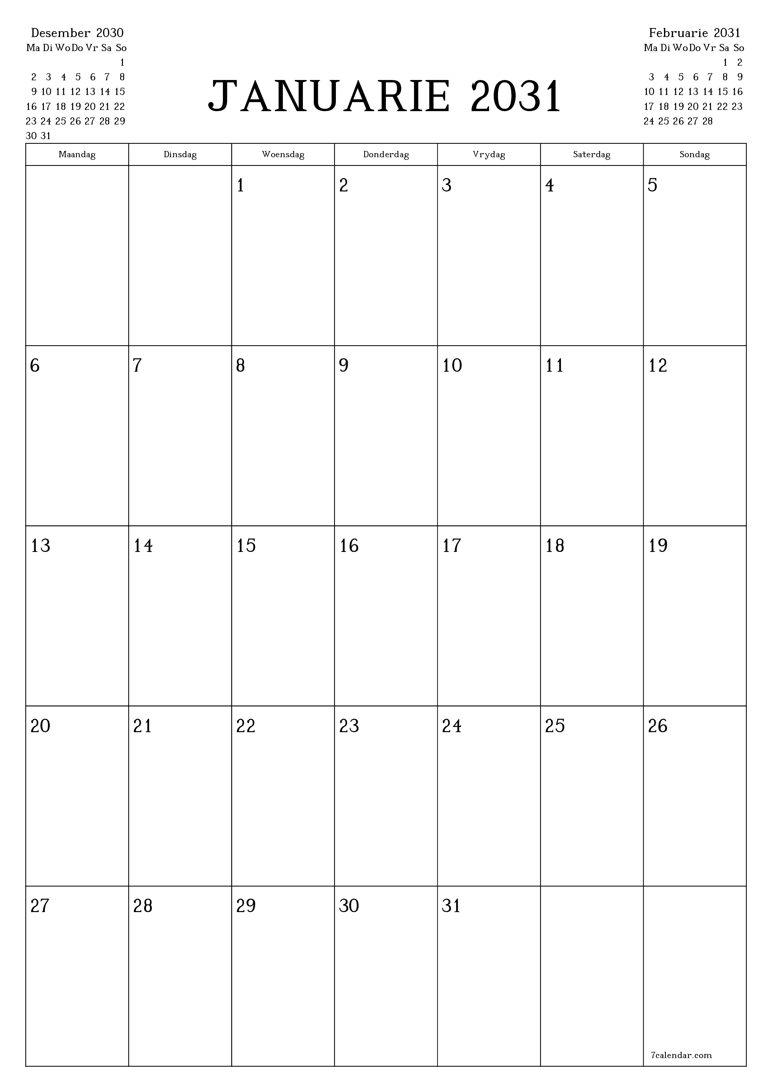 drukbare muur template gratis vertikaal Maandeliks beplanner kalender Januarie (Jan) 2031