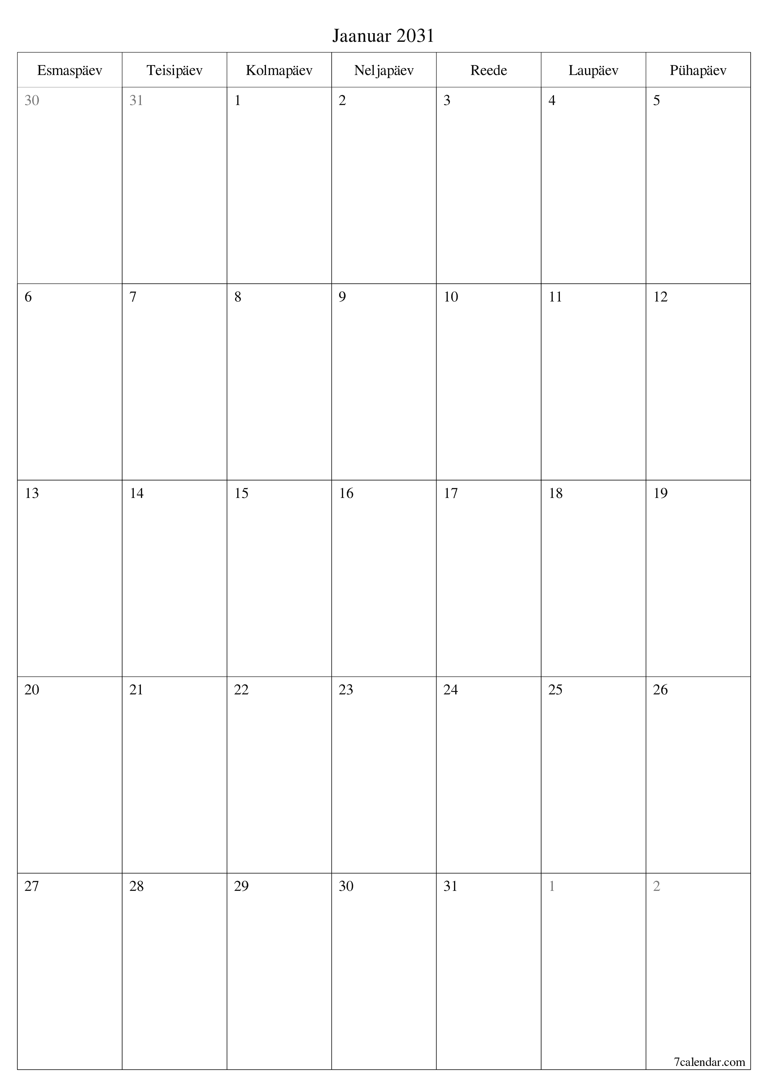 prinditav seina kalendri mall tasuta vertikaalne Igakuine planeerija kalender Jaanuar (Jaan) 2031