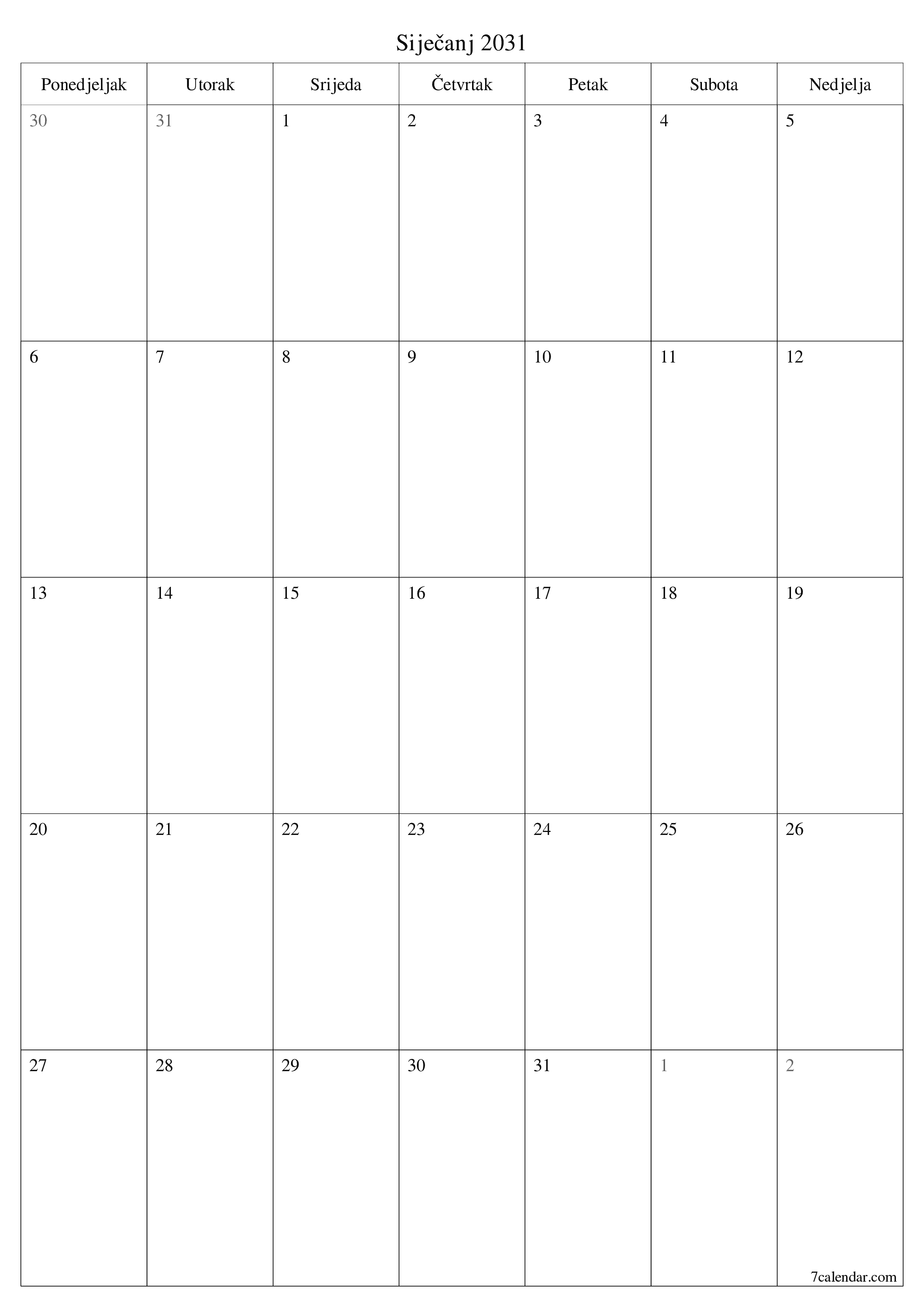  za ispis zidni predložak a besplatni okomito Mjesečni planer kalendar Siječanj (Sij) 2031