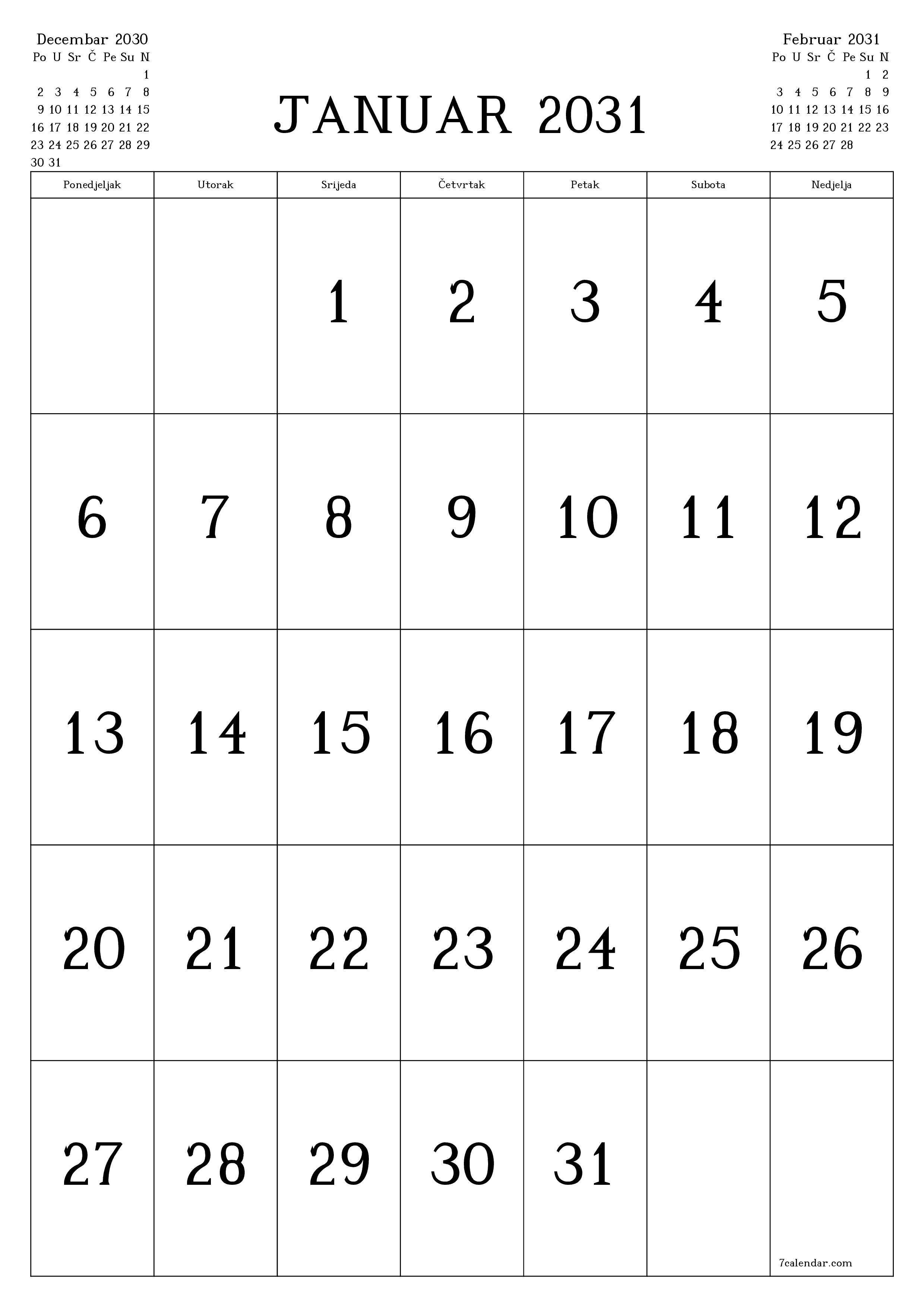  za štampanje zidni šablon a besplatni vertikalno Mjesečno kalendar Januar (Jan) 2031
