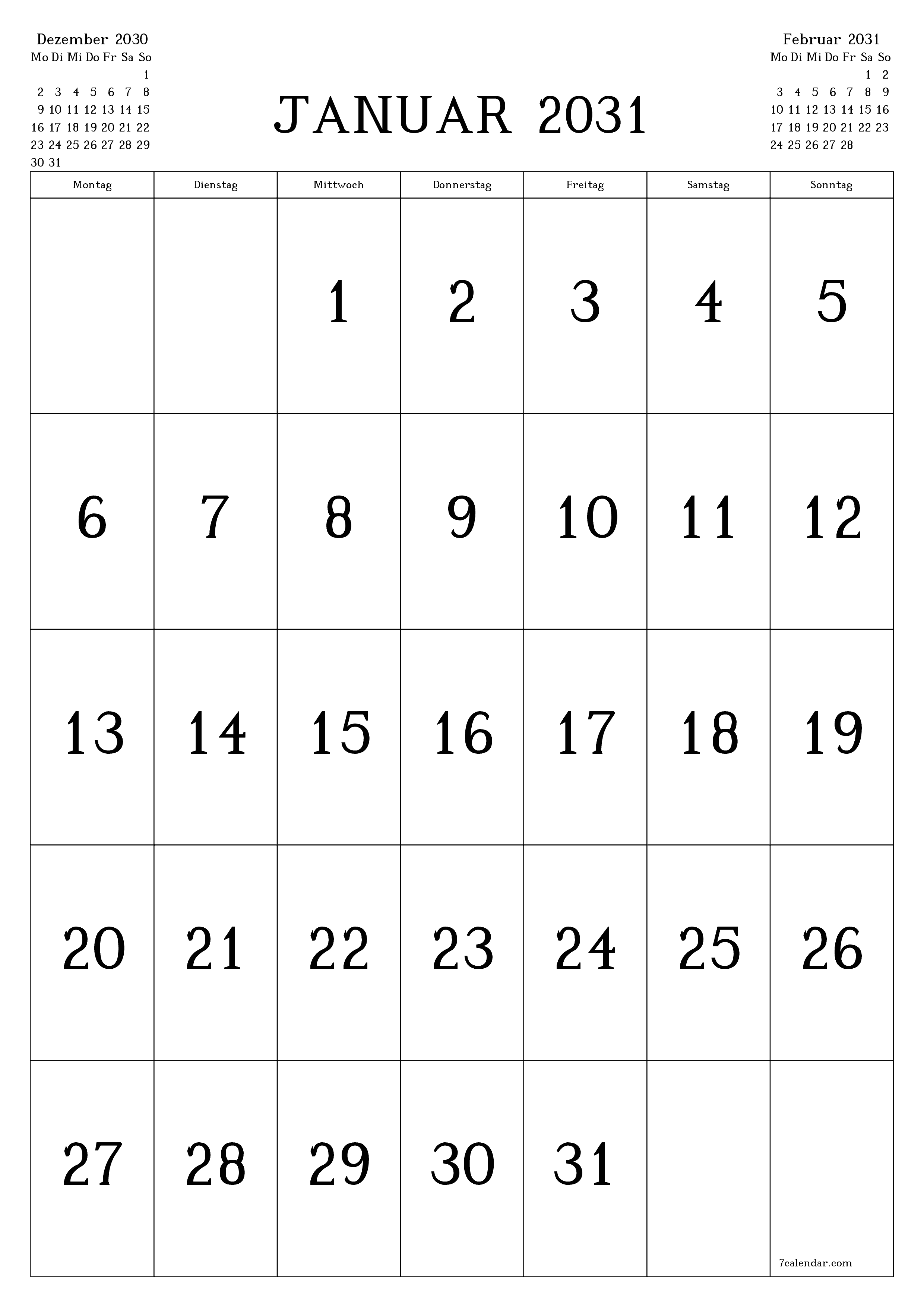  zum Ausdrucken Wandkalender vorlage kostenloser vertikal Monatlich Kalender Januar (Jan) 2031