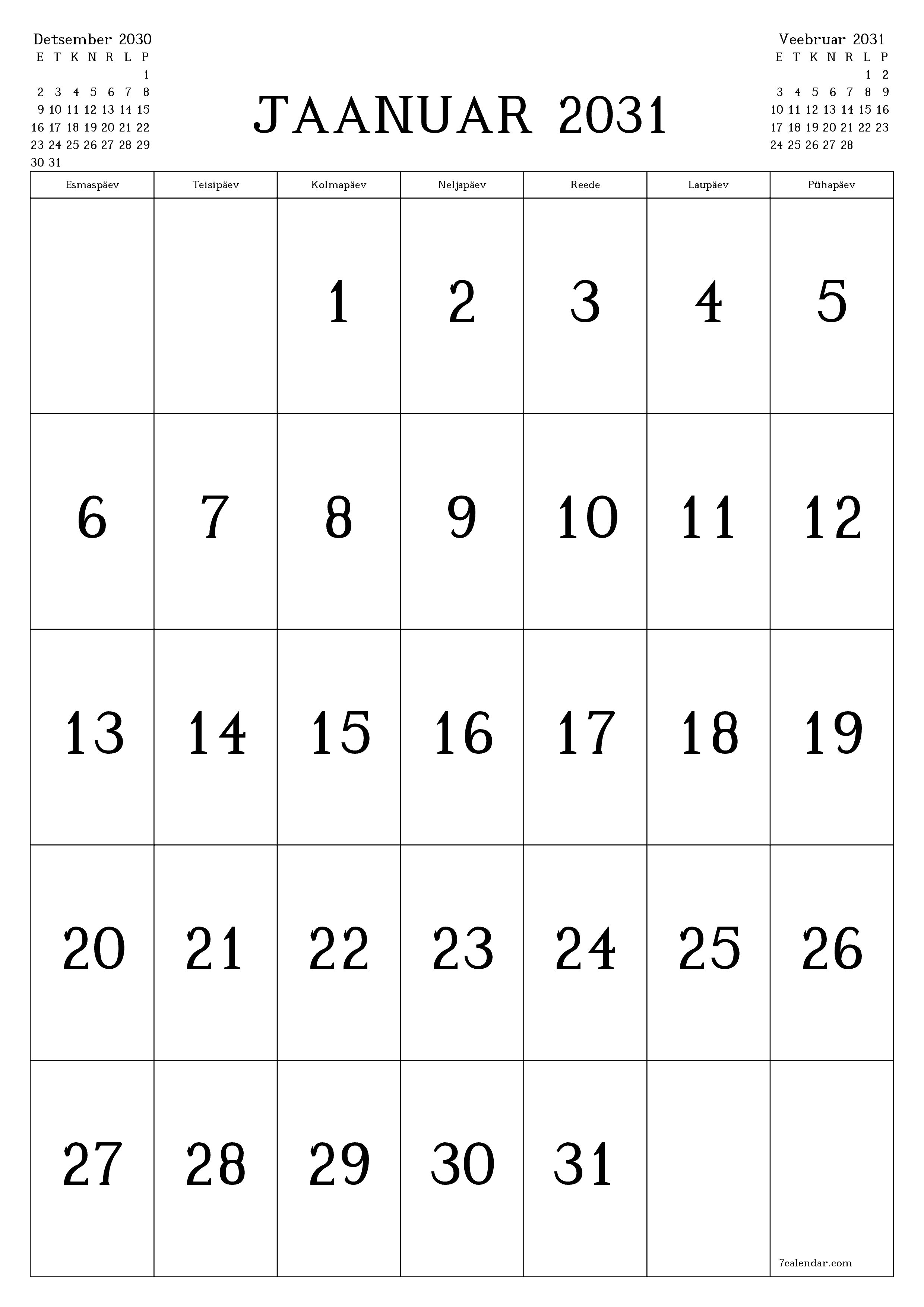 prinditav seina kalendri mall tasuta vertikaalne Igakuine kalender Jaanuar (Jaan) 2031