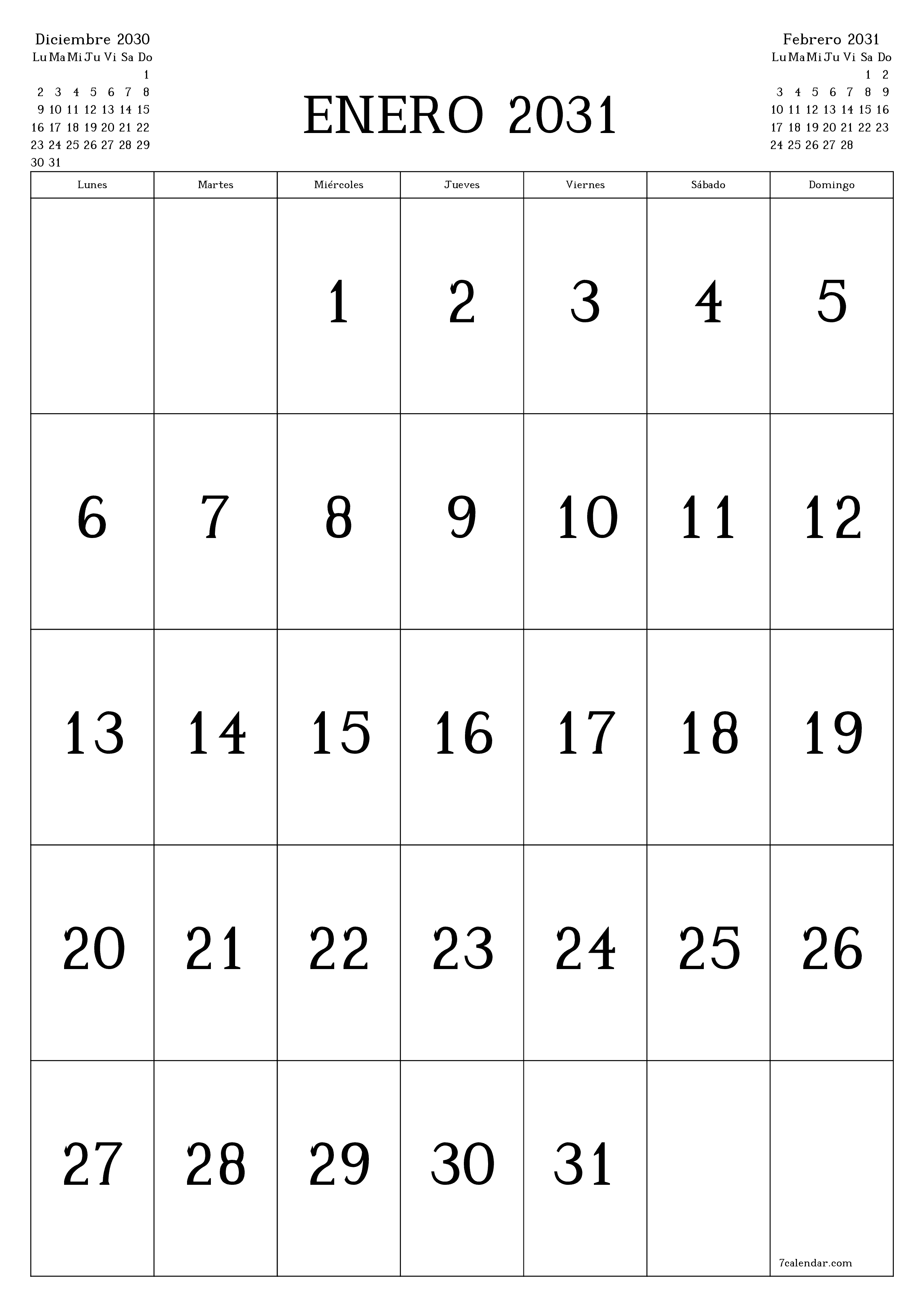  imprimible de pared plantilla de gratisvertical Mensual calendario Enero (Ene) 2031