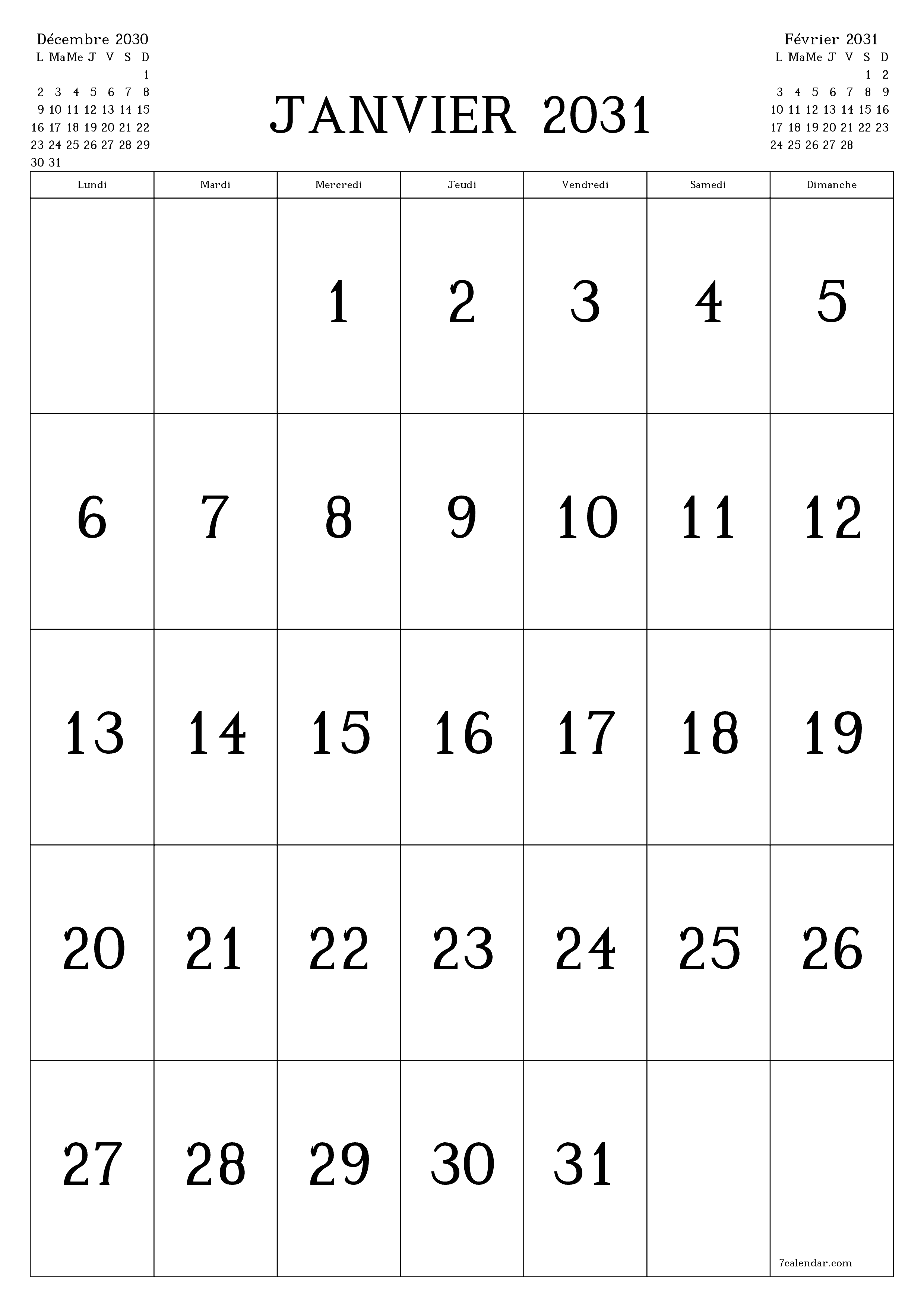 imprimable mural modèle de gratuitverticale Mensuel calendrier Janvier (Jan) 2031