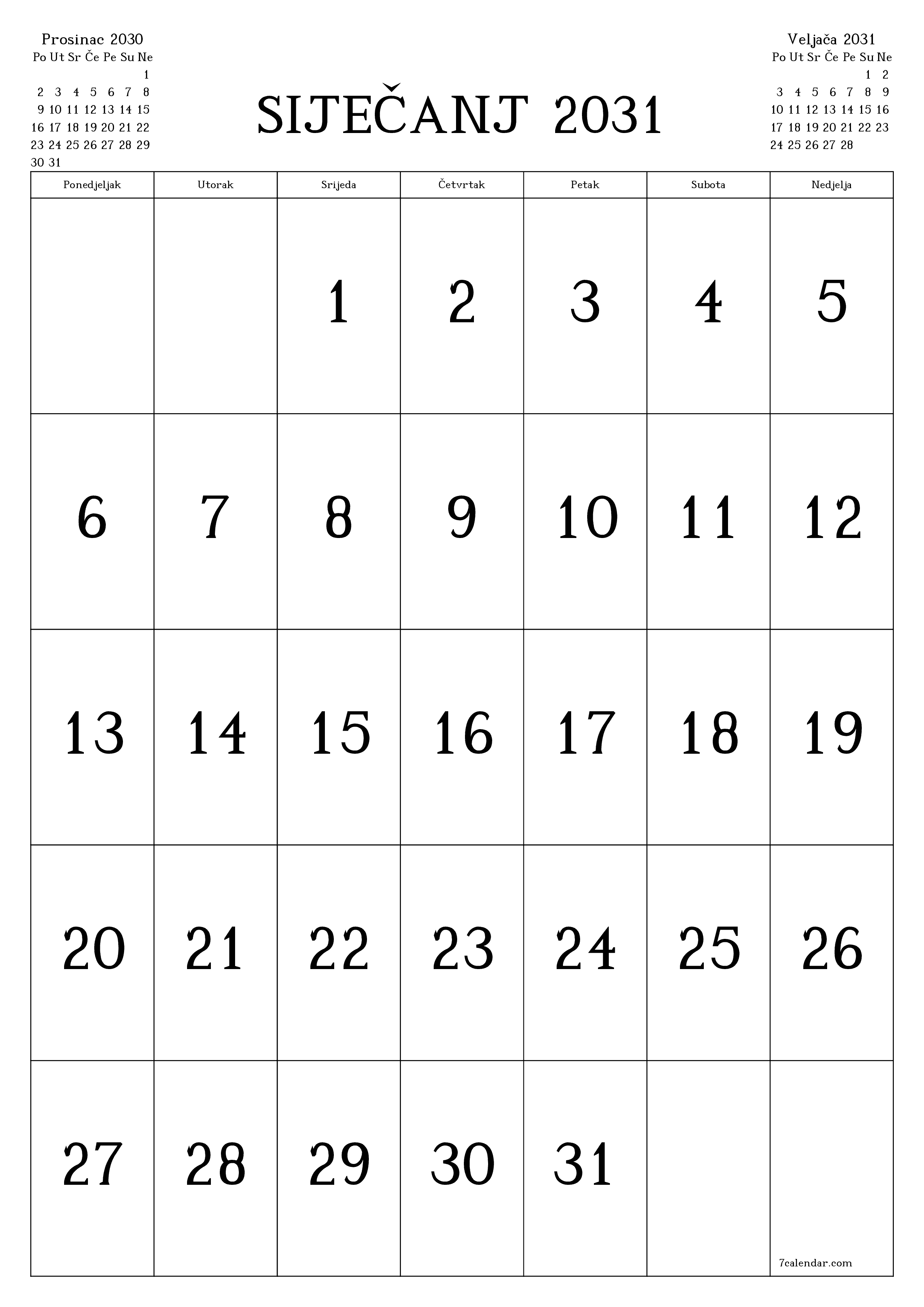  za ispis zidni predložak a besplatni okomito Mjesečni kalendar Siječanj (Sij) 2031