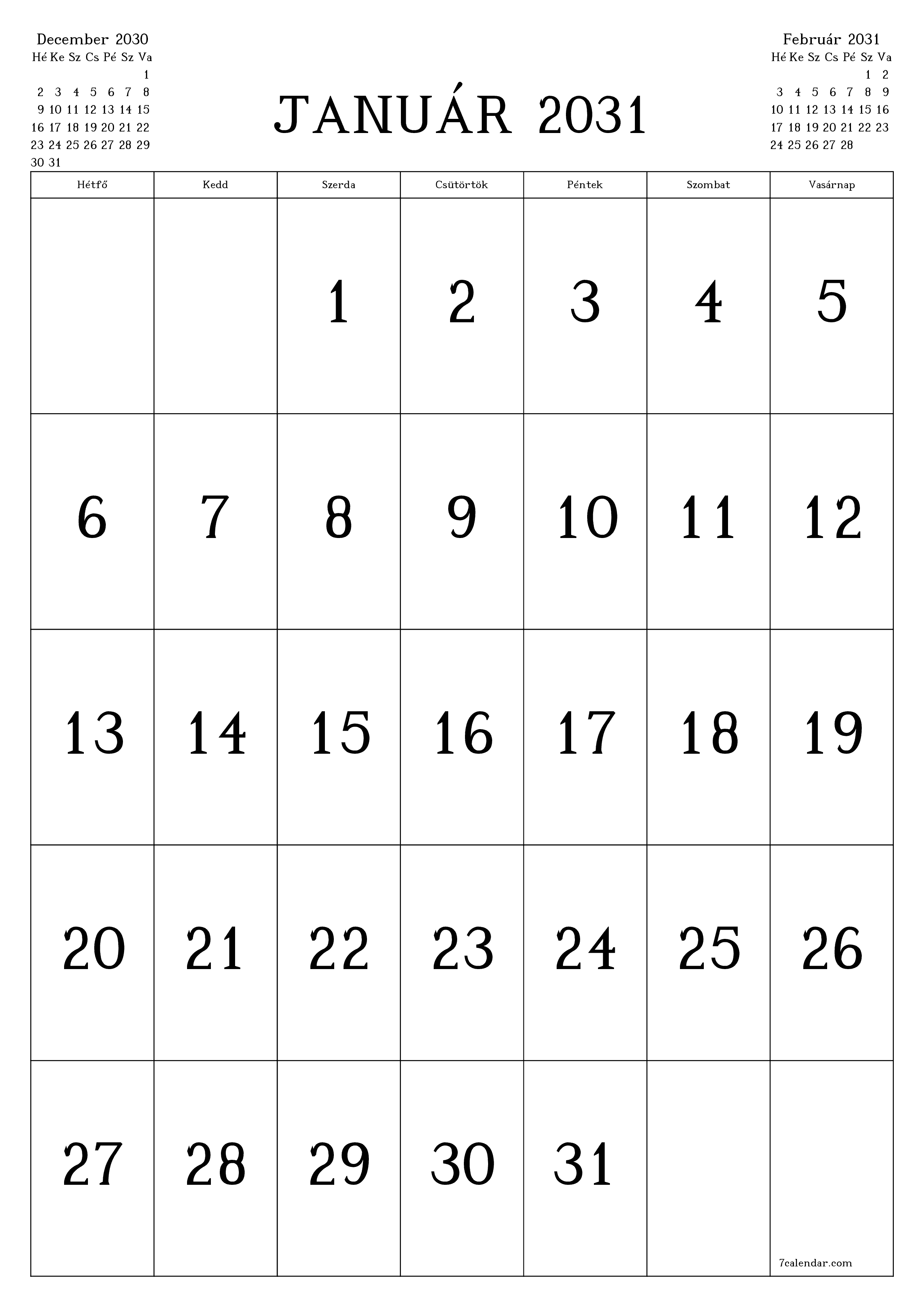 nyomtatható fali sablon ingyenes függőleges Havi naptár Január (Jan) 2031
