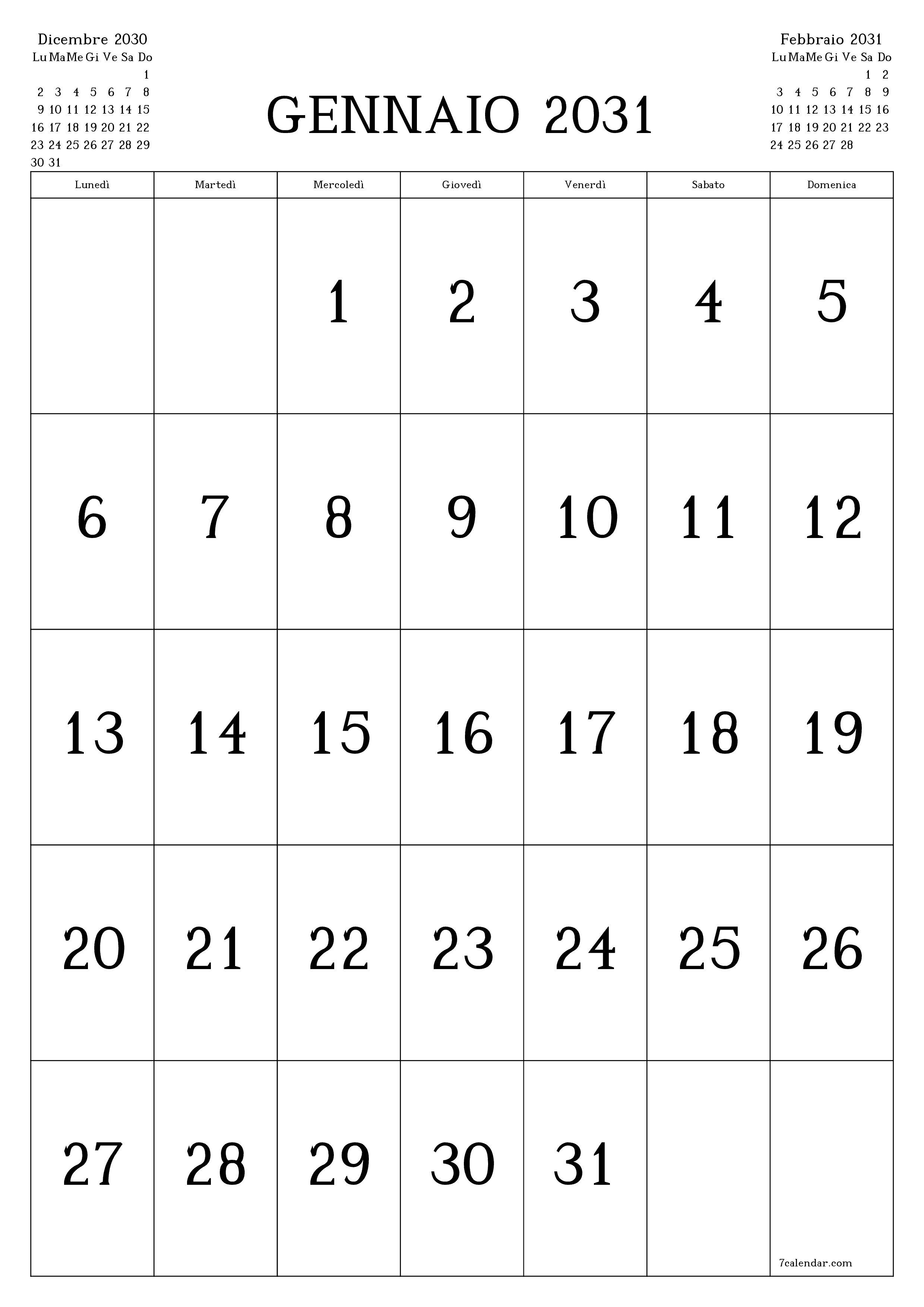 stampabile da parete modello di gratuitoverticale Mensile calendario Gennaio (Gen) 2031