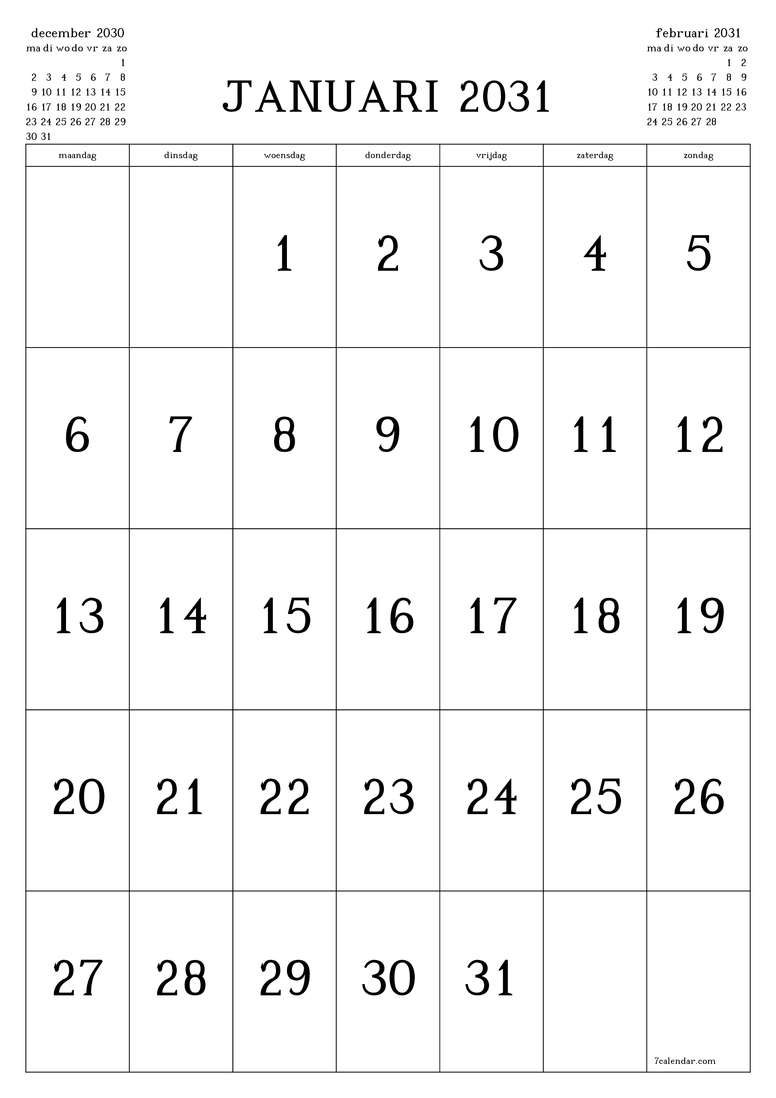 afdrukbare muur sjabloon gratis verticaal Maandelijks kalender januari (jan) 2031