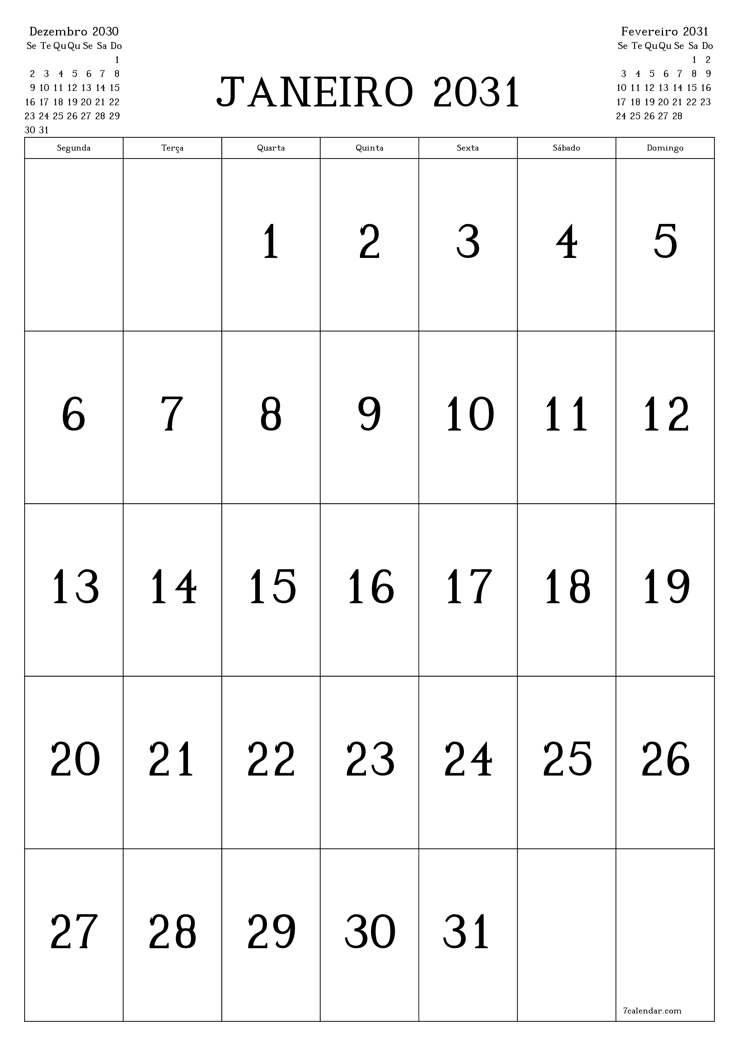  para impressão de parede modelo de grátisvertical Mensal calendário Janeiro (Jan) 2031