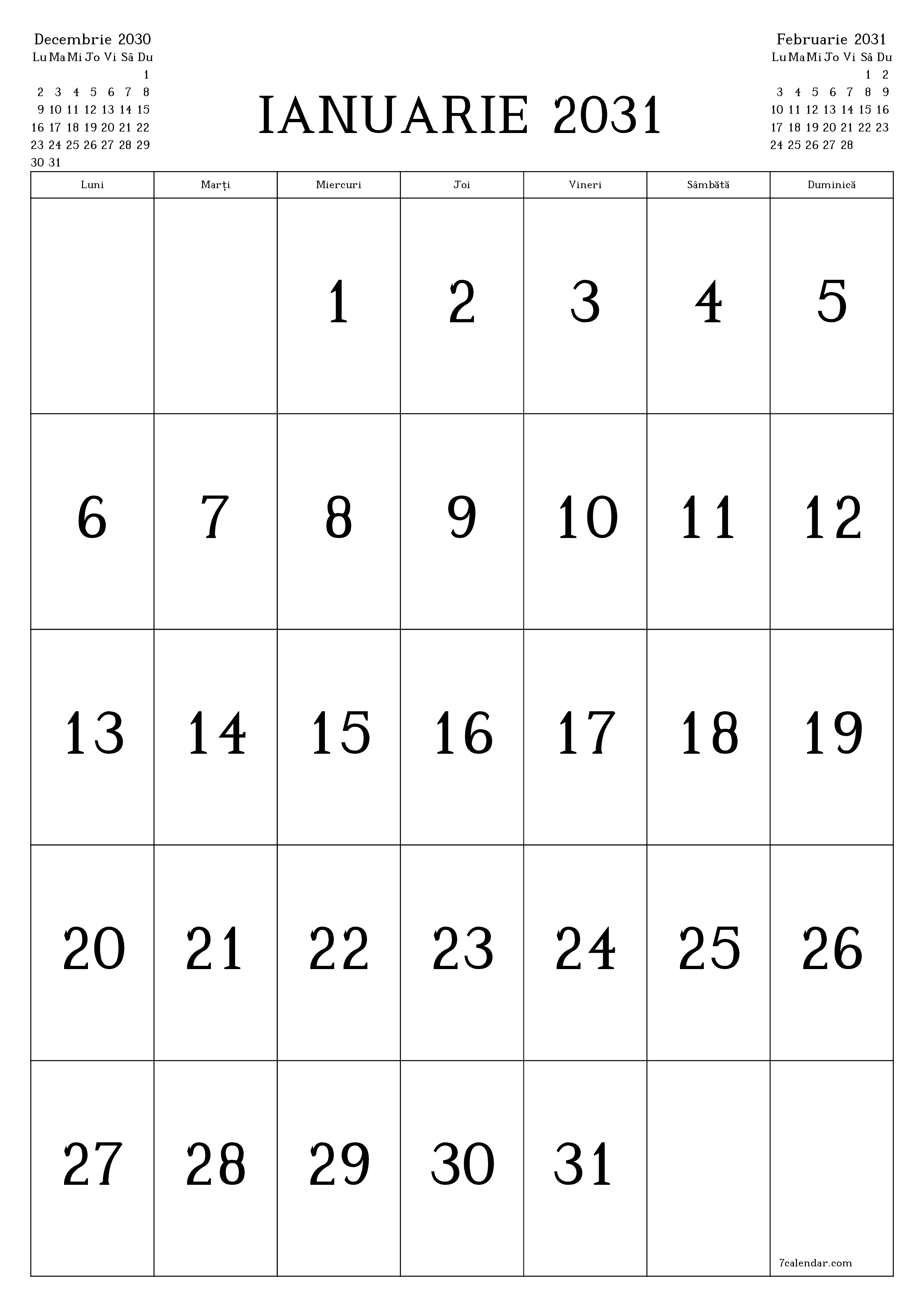  imprimabil de perete șablon de gratuitvertical Lunar calendar Ianuarie (Ian) 2031