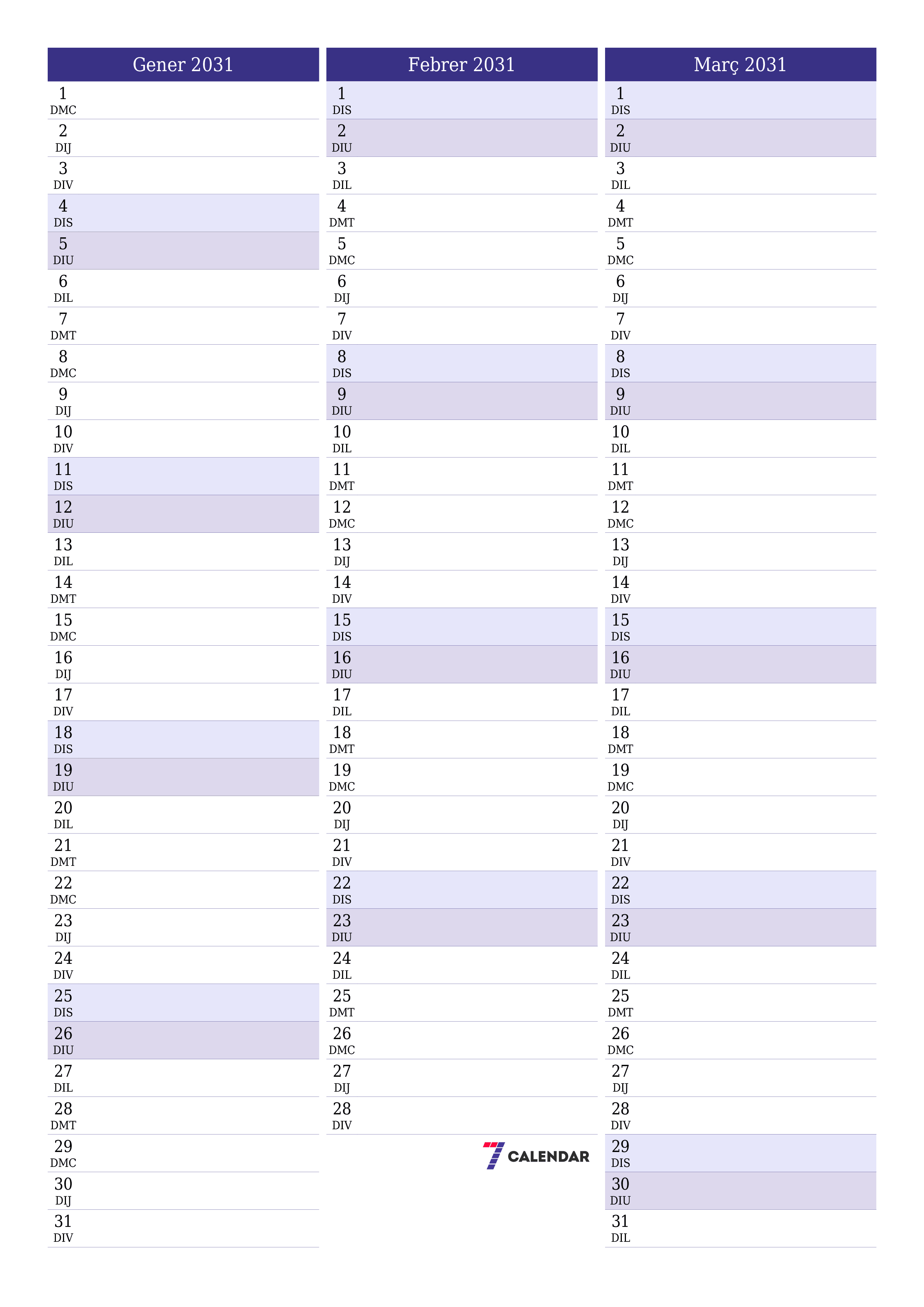  imprimible de paret plantilla de gratuïtvertical Mensual planificador calendari Gener (Gen) 2031