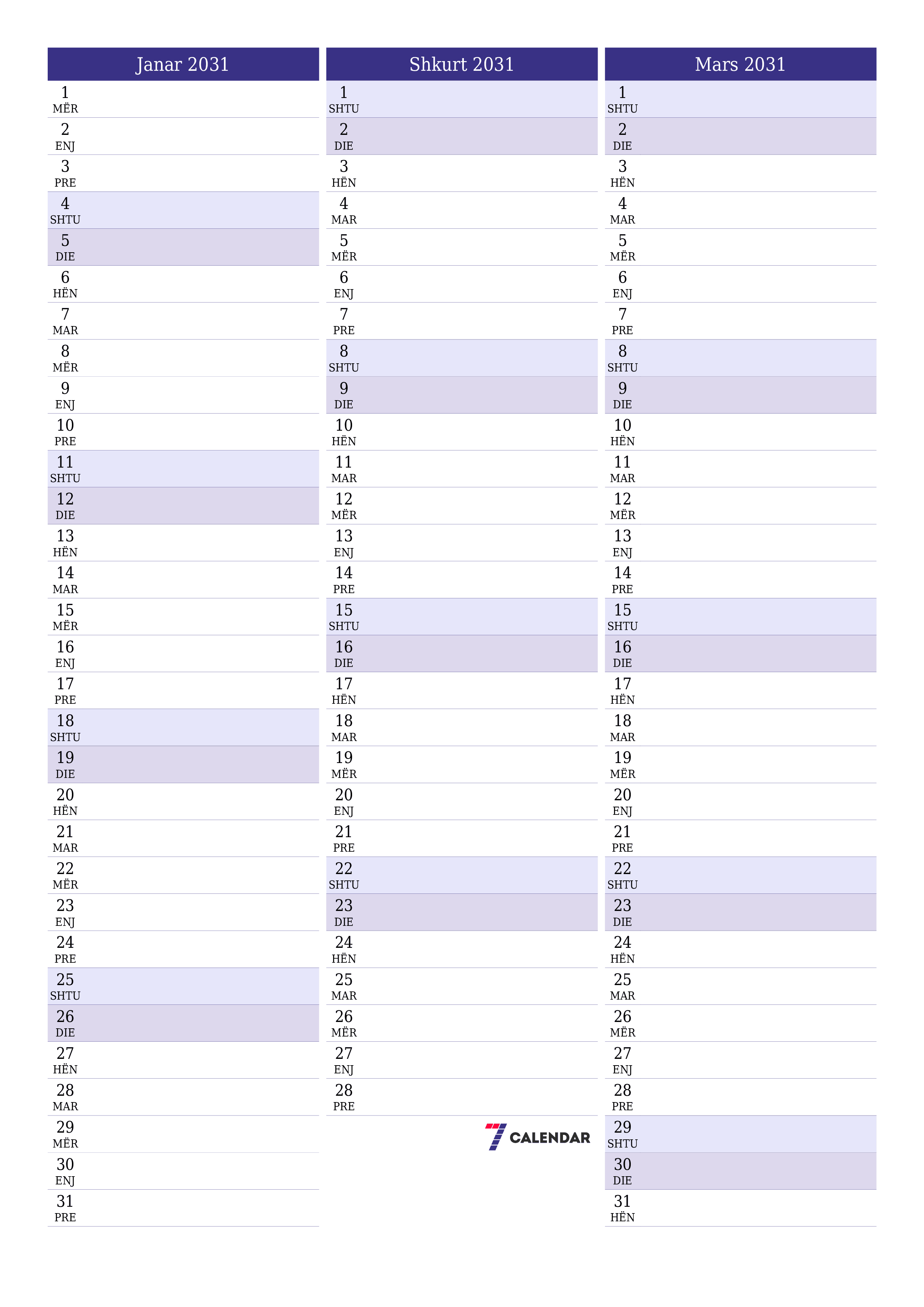  i printueshëm muri shabllon falasvertikale mujore planifikues kalendar Janar (Jan) 2031