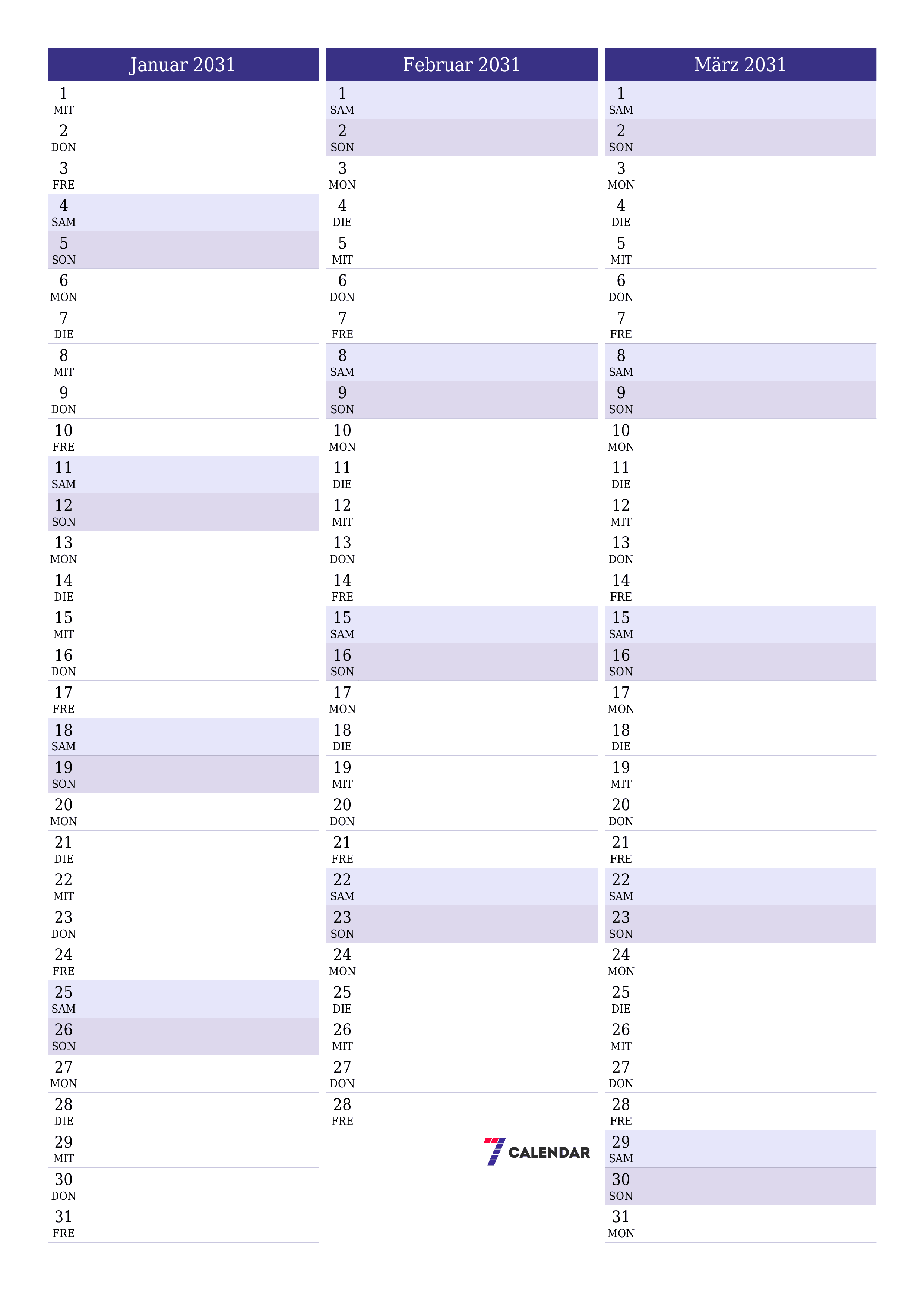  zum Ausdrucken Wandkalender vorlage kostenloser vertikal Monatlich Planer Kalender Januar (Jan) 2031