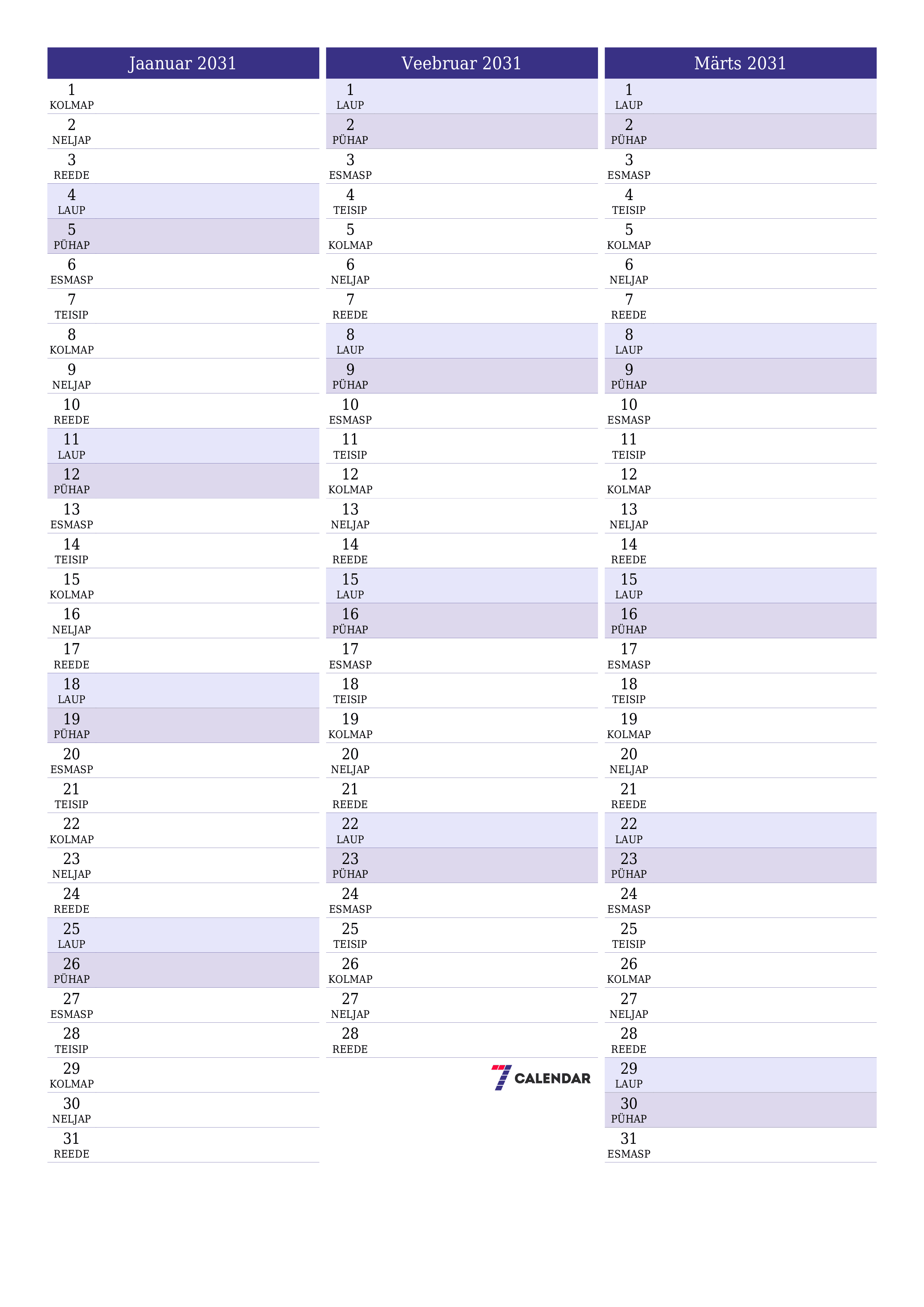 prinditav seina kalendri mall tasuta vertikaalne Igakuine planeerija kalender Jaanuar (Jaan) 2031