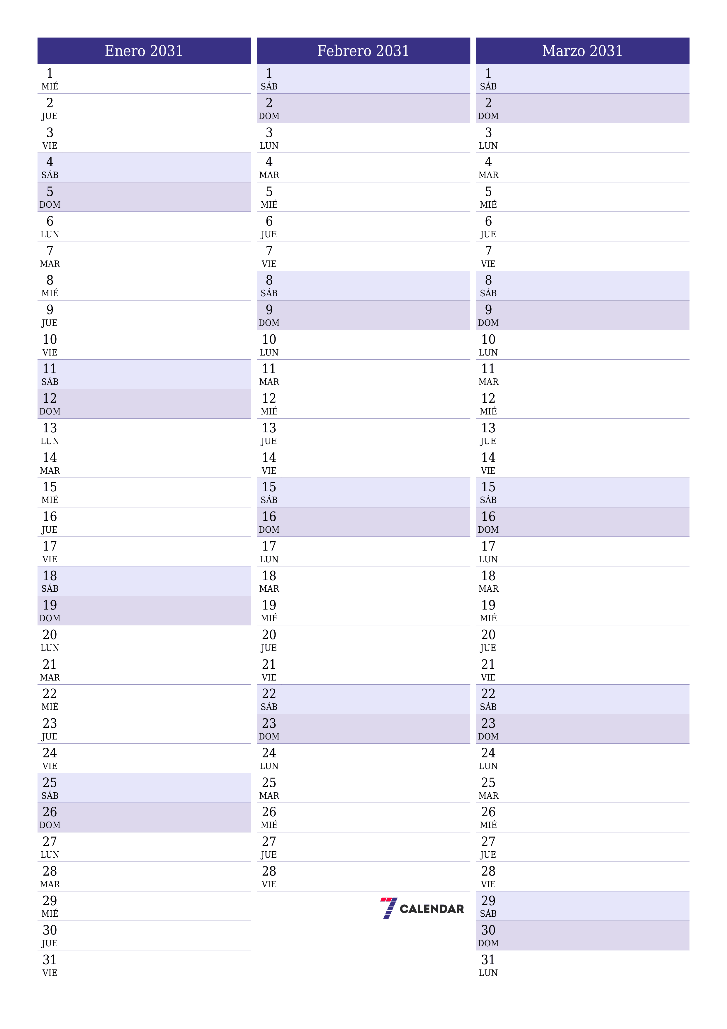  imprimible de pared plantilla de gratisvertical Mensual planificador calendario Enero (Ene) 2031
