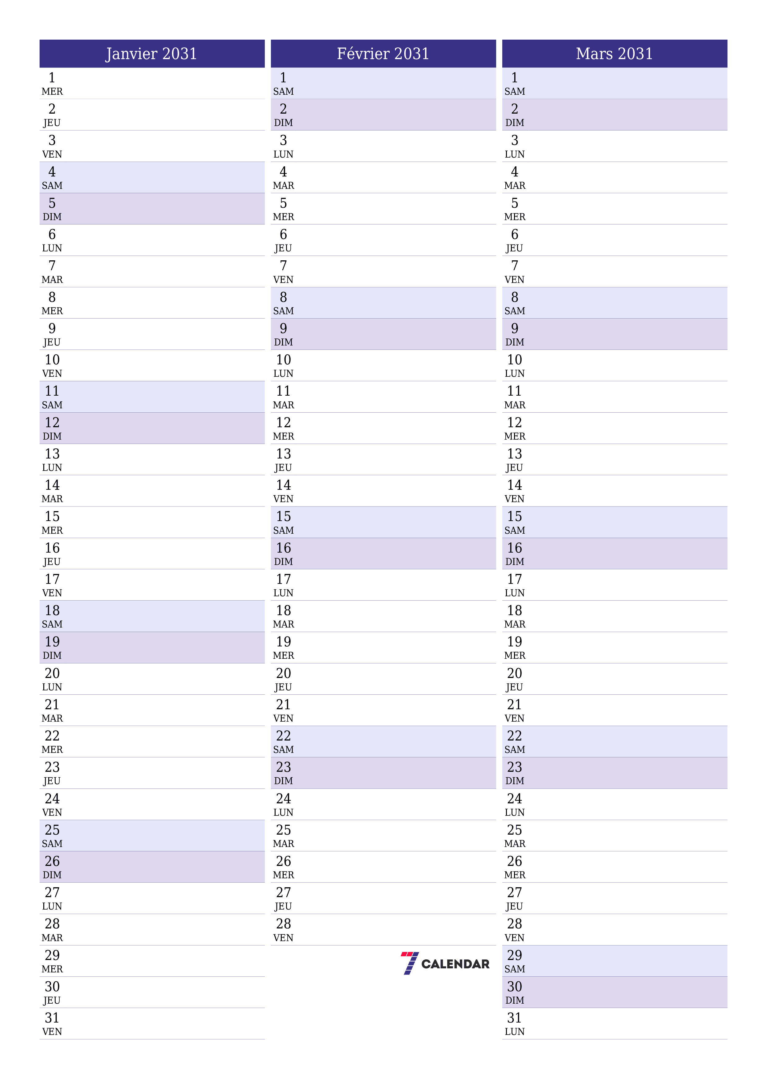 Agenda mensuel vide pour le mois Janvier 2031 avec notes, enregistrez et imprimez au format PDF PNG French