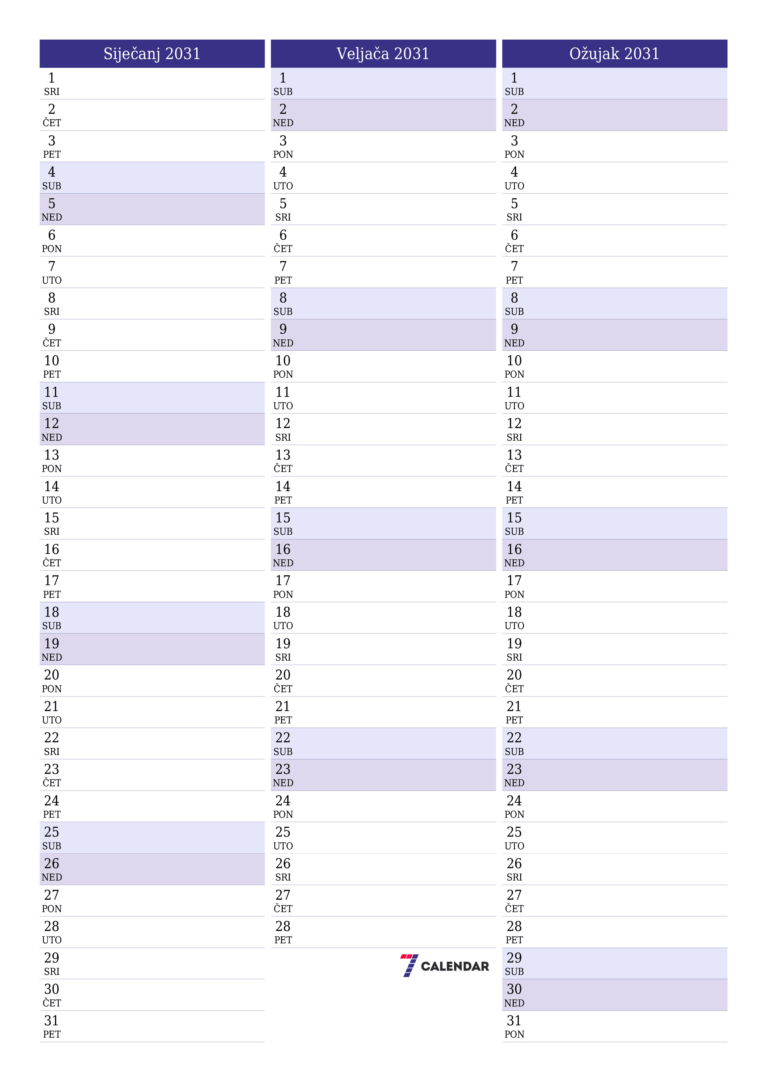  za ispis zidni predložak a besplatni okomito Mjesečni planer kalendar Siječanj (Sij) 2031