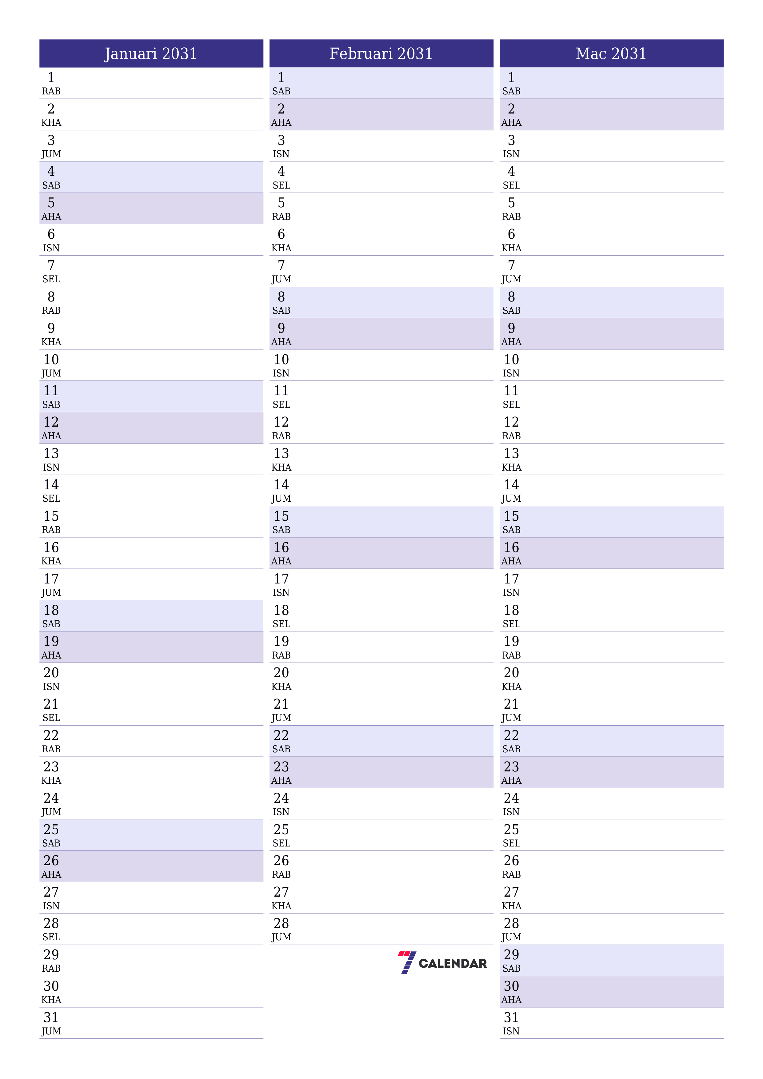  boleh cetak dinding templat percumamenegak Bulanan perancang kalendar Januari (Jan) 2031