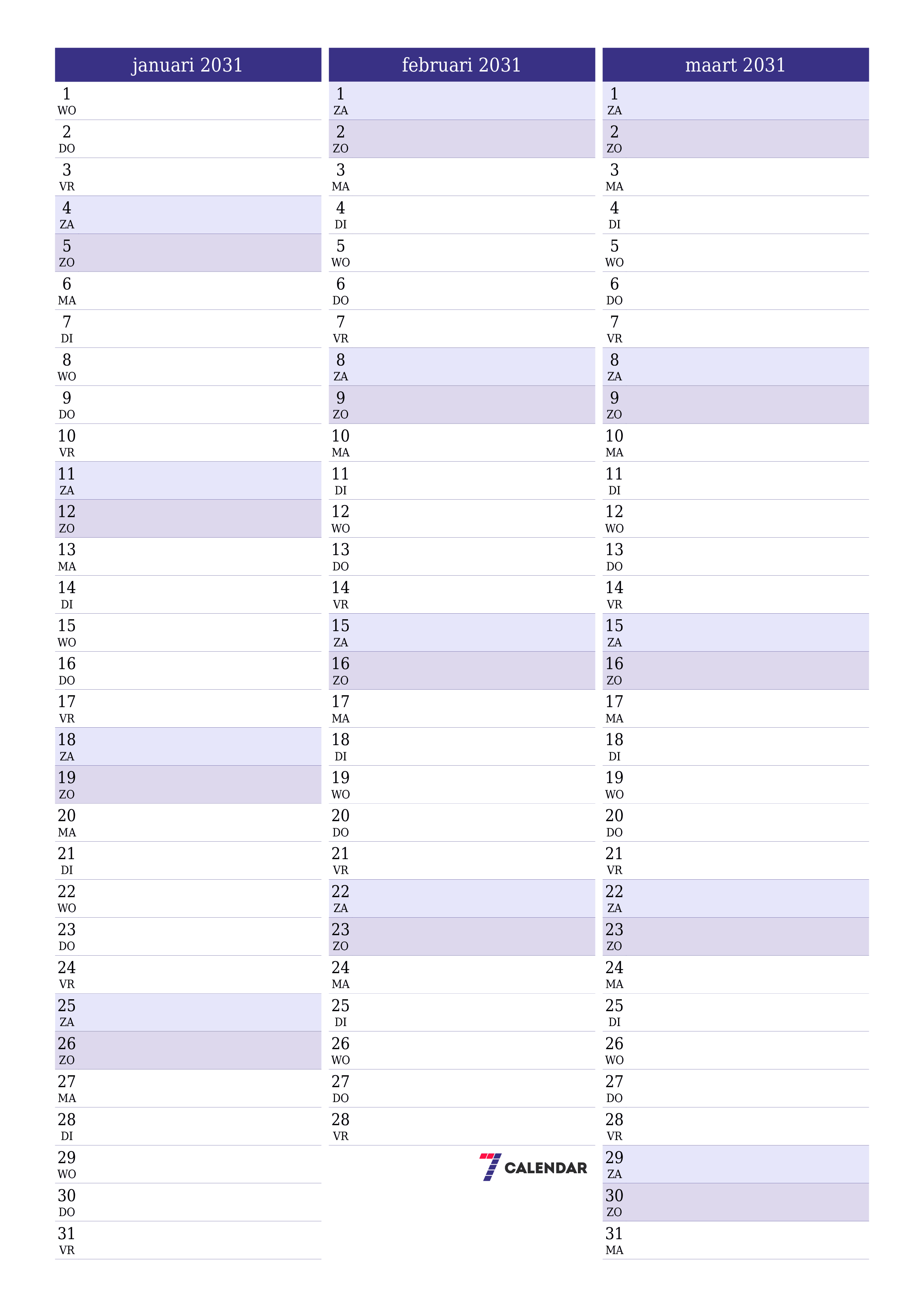 afdrukbare muur sjabloon gratis verticaal Maandelijks planner kalender januari (jan) 2031