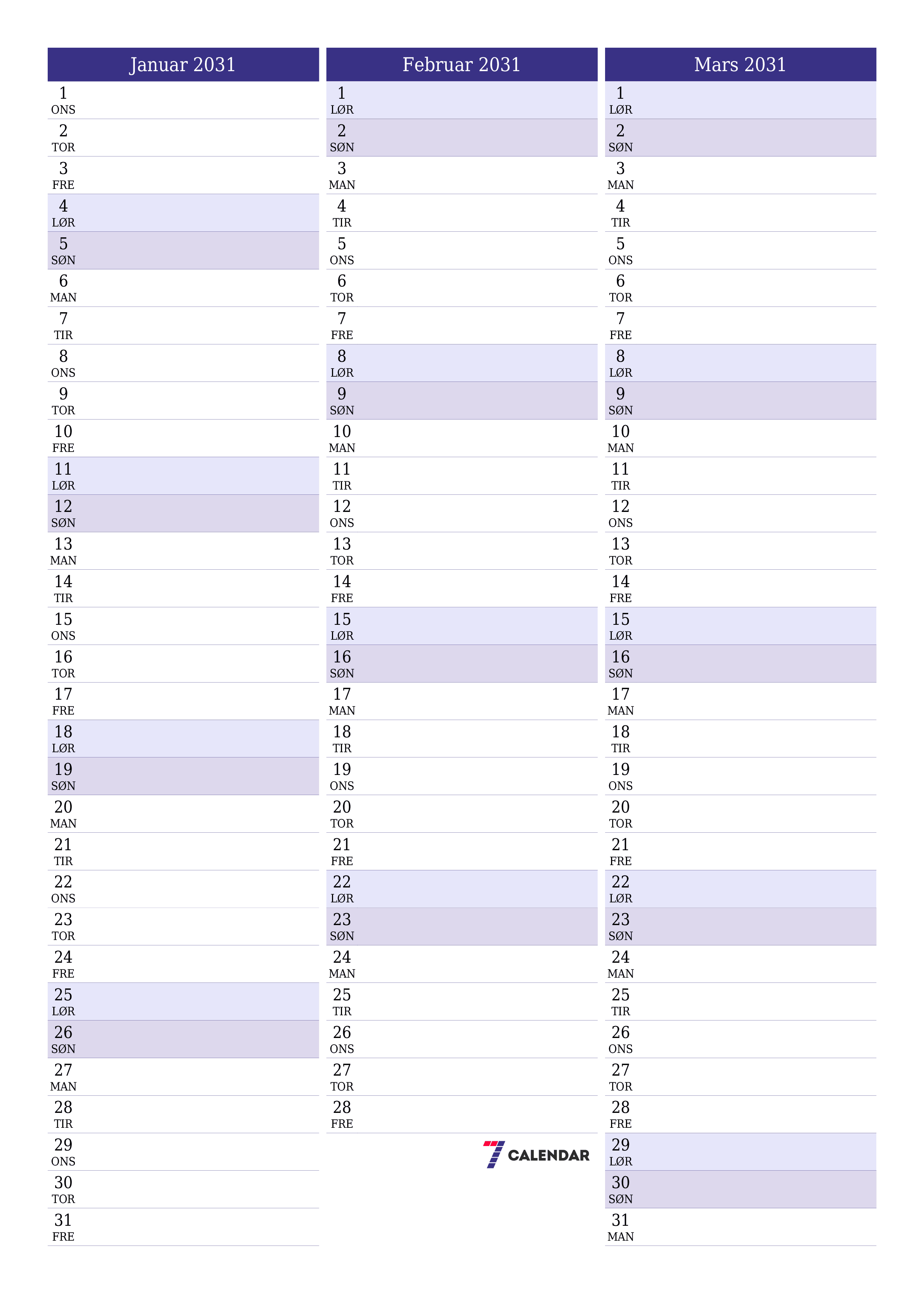 utskrivbar vegg mal gratis vertikal Månedlig planlegger kalender Januar (Jan) 2031