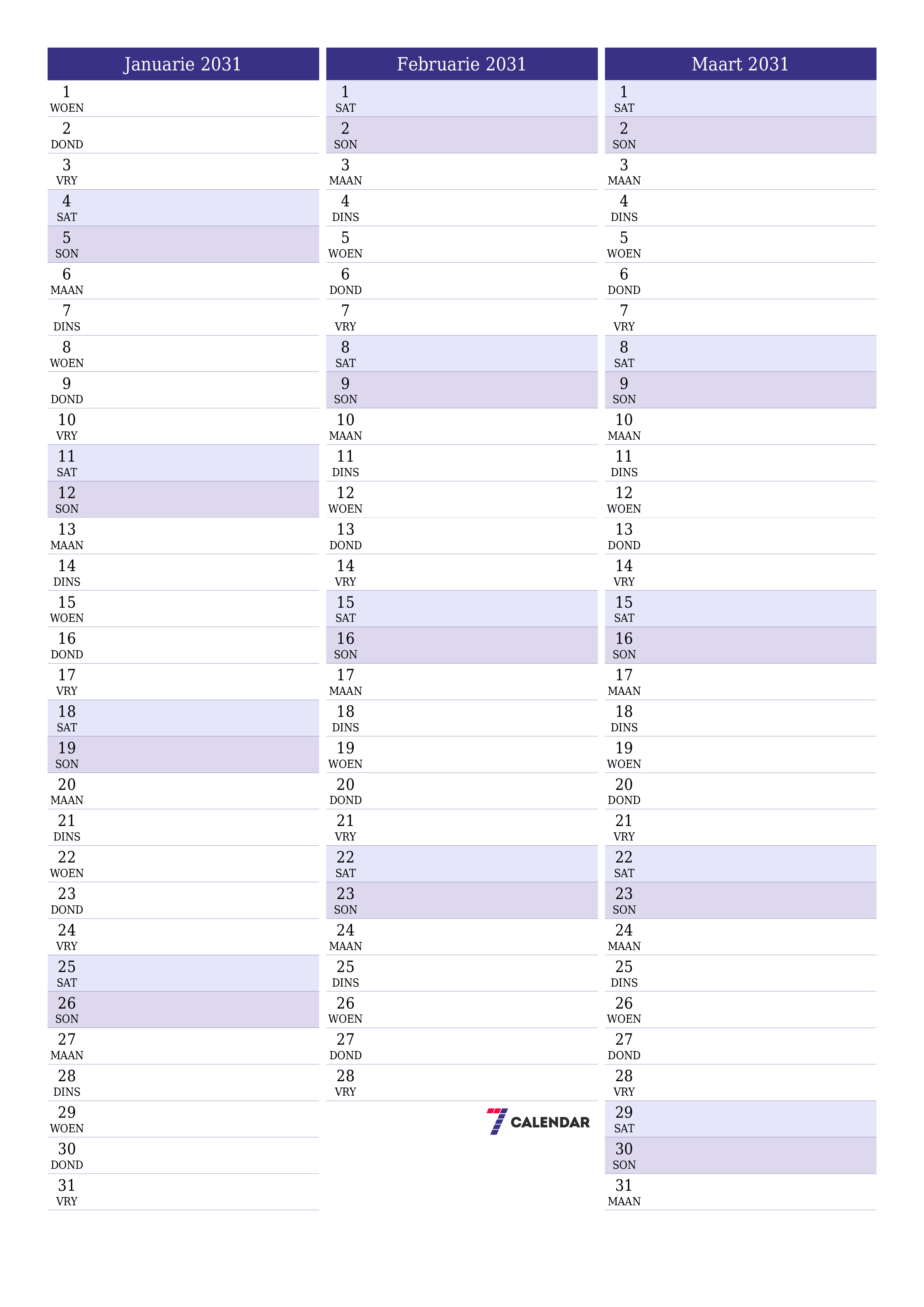 drukbare muur template gratis vertikaal Maandeliks beplanner kalender Januarie (Jan) 2031