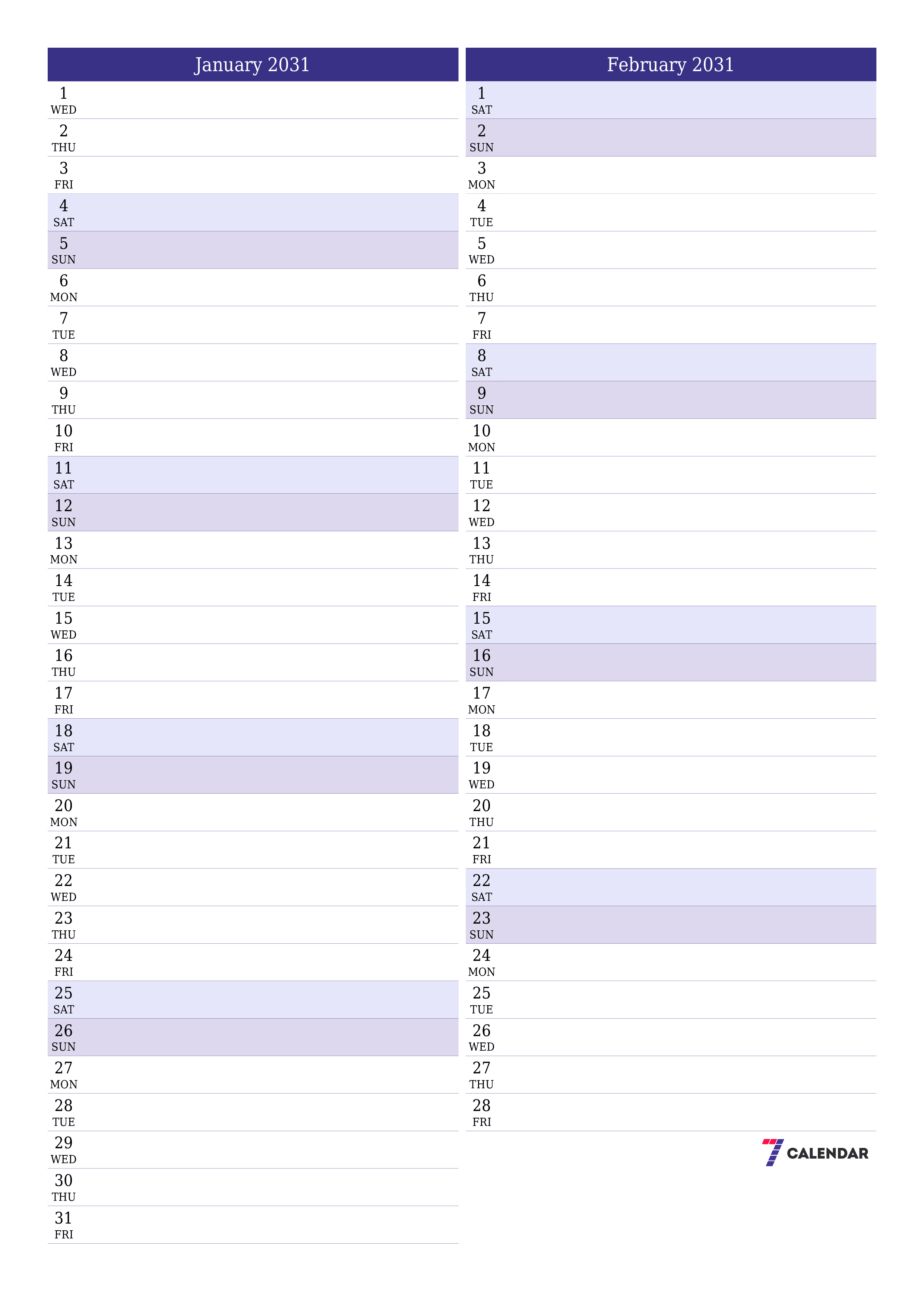 Blank calendar January 2031