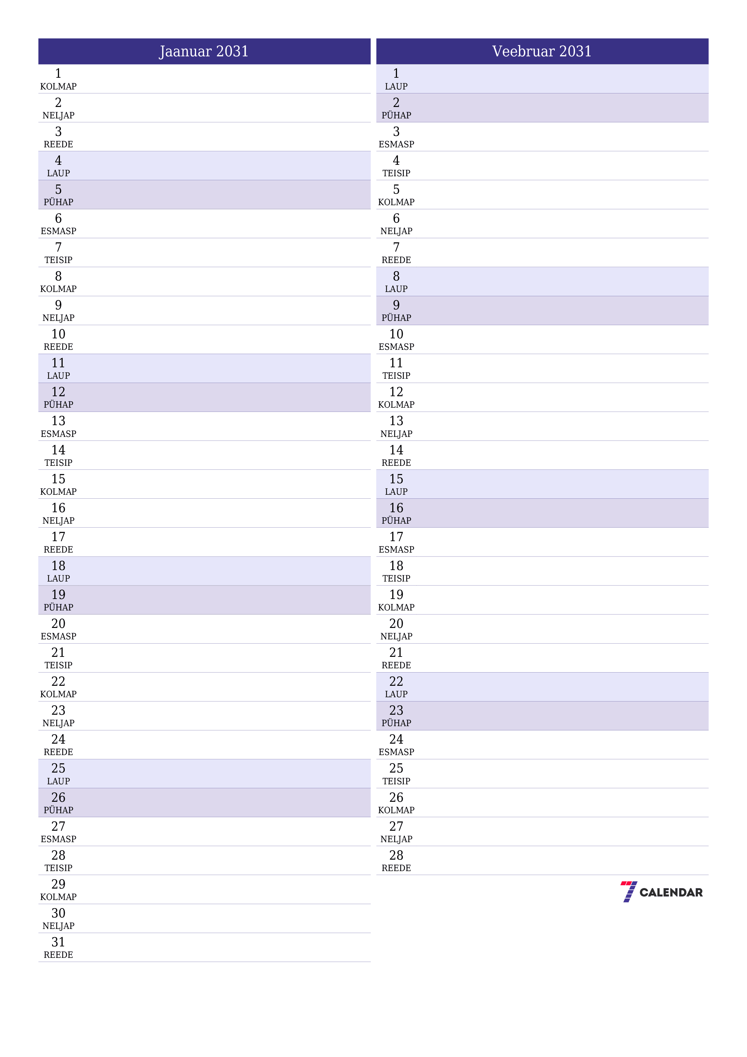 prinditav seina kalendri mall tasuta vertikaalne Igakuine planeerija kalender Jaanuar (Jaan) 2031