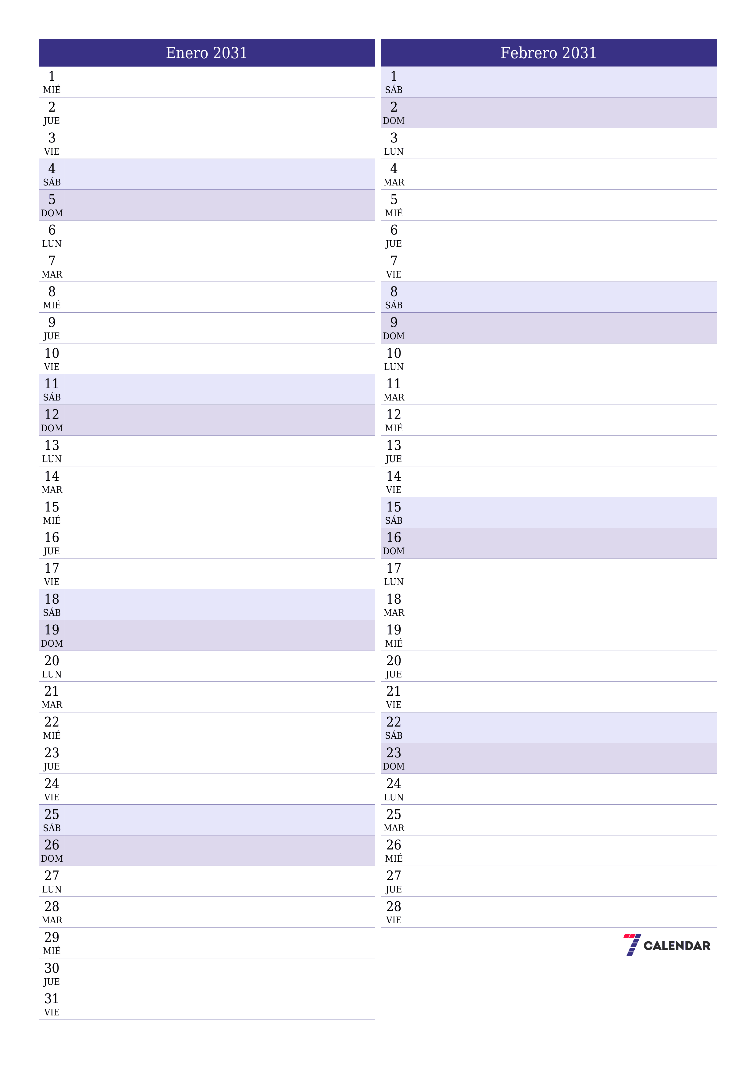  imprimible de pared plantilla de gratisvertical Mensual planificador calendario Enero (Ene) 2031