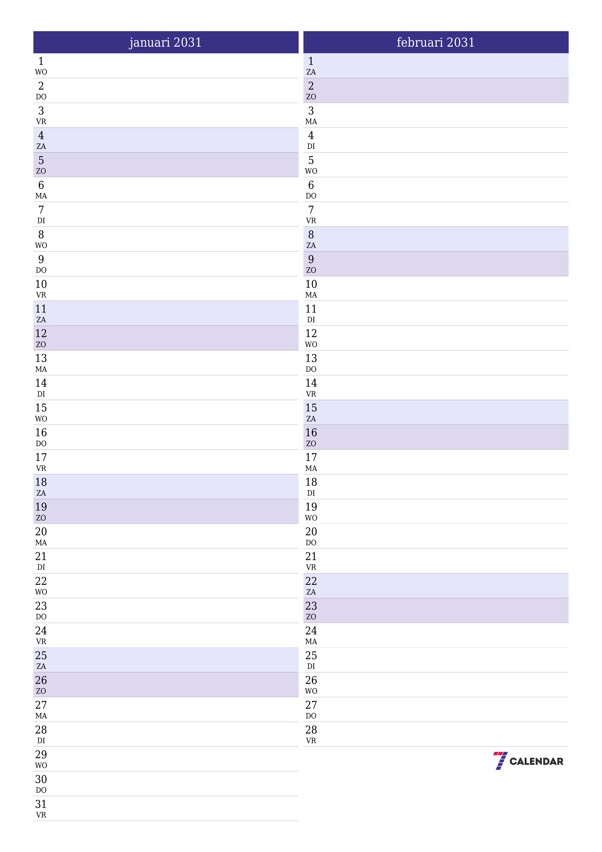 afdrukbare muur sjabloon gratis verticaal Maandelijks planner kalender januari (jan) 2031