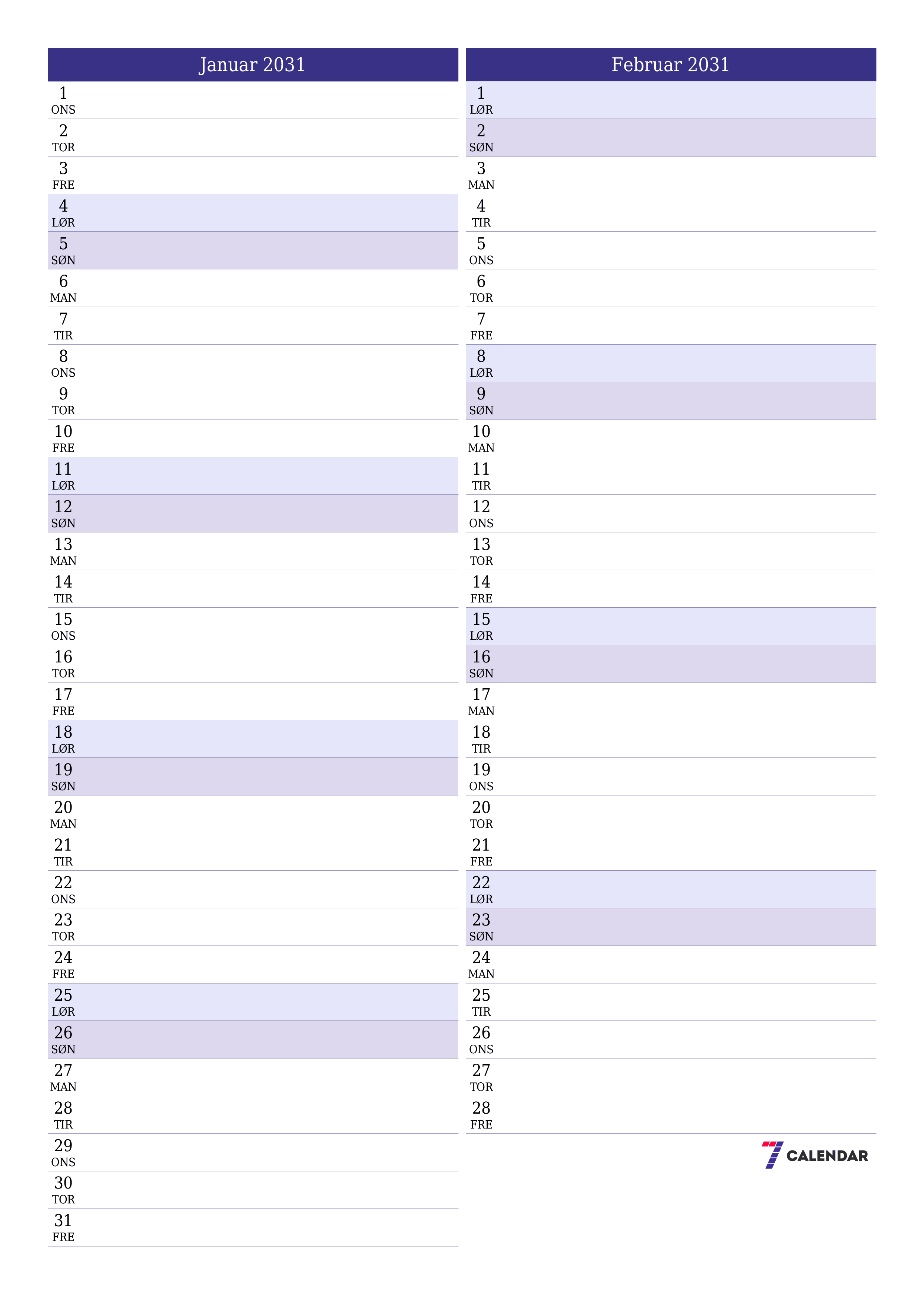 utskrivbar vegg mal gratis vertikal Månedlig planlegger kalender Januar (Jan) 2031
