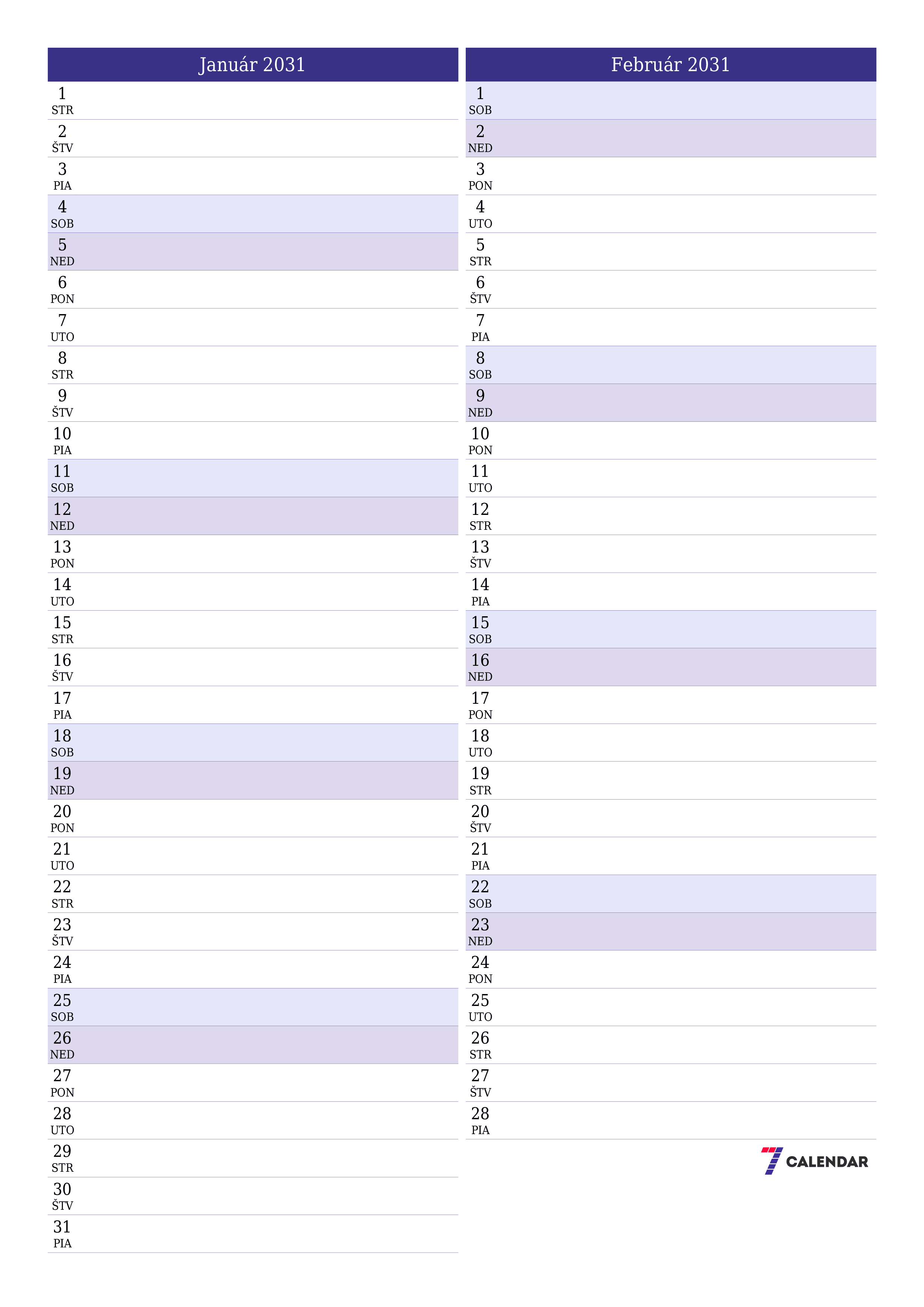 vytlačiteľný nástenný šablóna a bezplatný вертикальный Mesačne plánovač kalendár Január (Jan) 2031