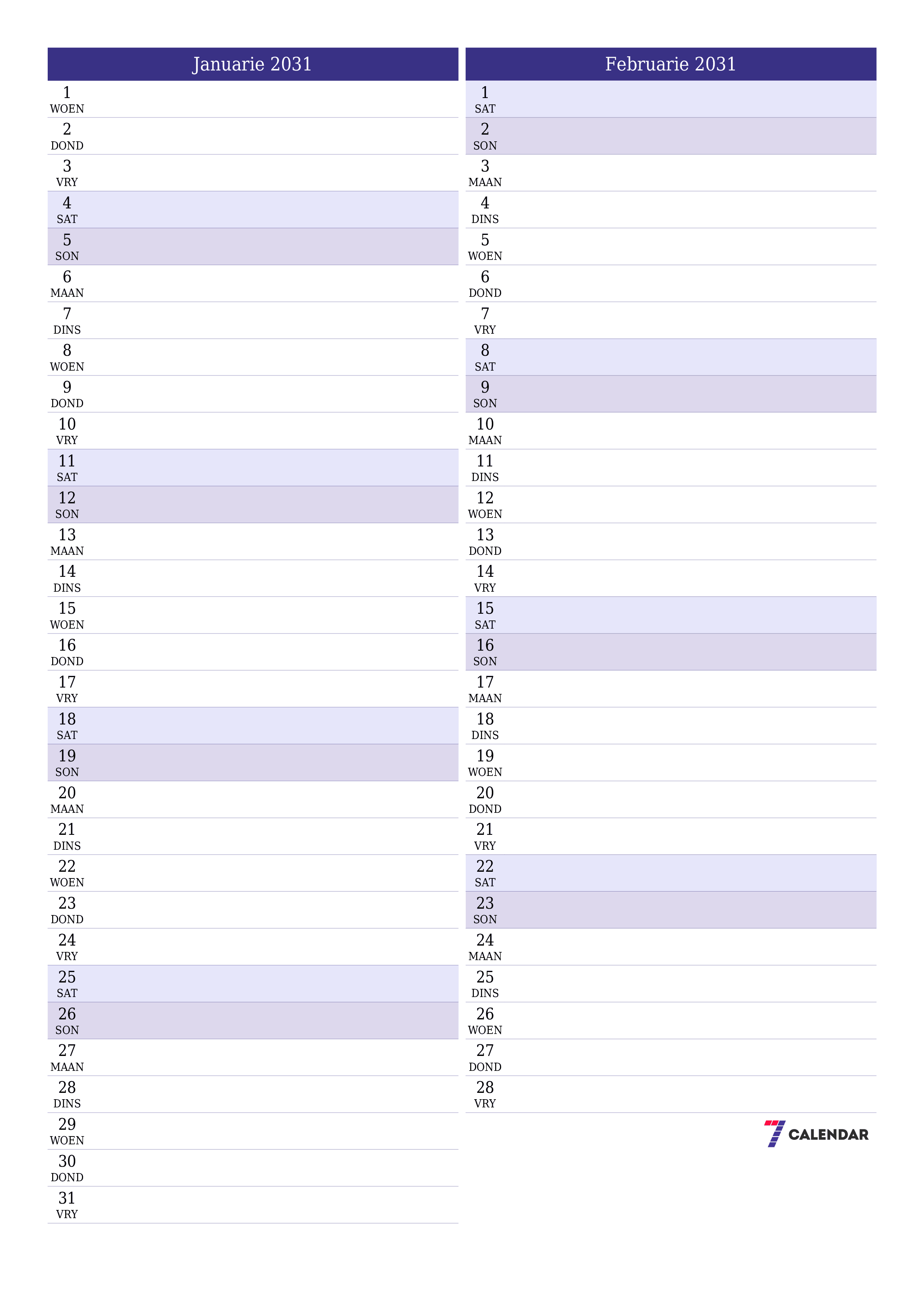 drukbare muur template gratis vertikaal Maandeliks beplanner kalender Januarie (Jan) 2031