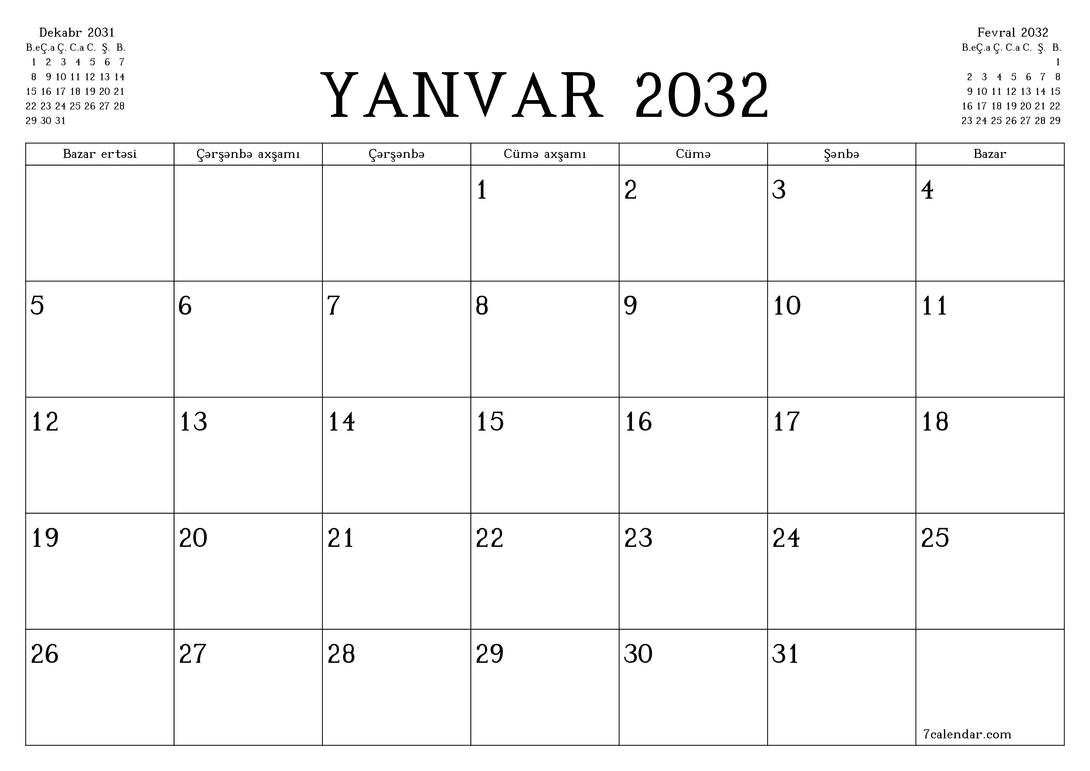 çap edilə bilən divar i şablonu pulsuz üfüqi Aylıq planlaşdırıcı təqvim Yanvar (Yan) 2032