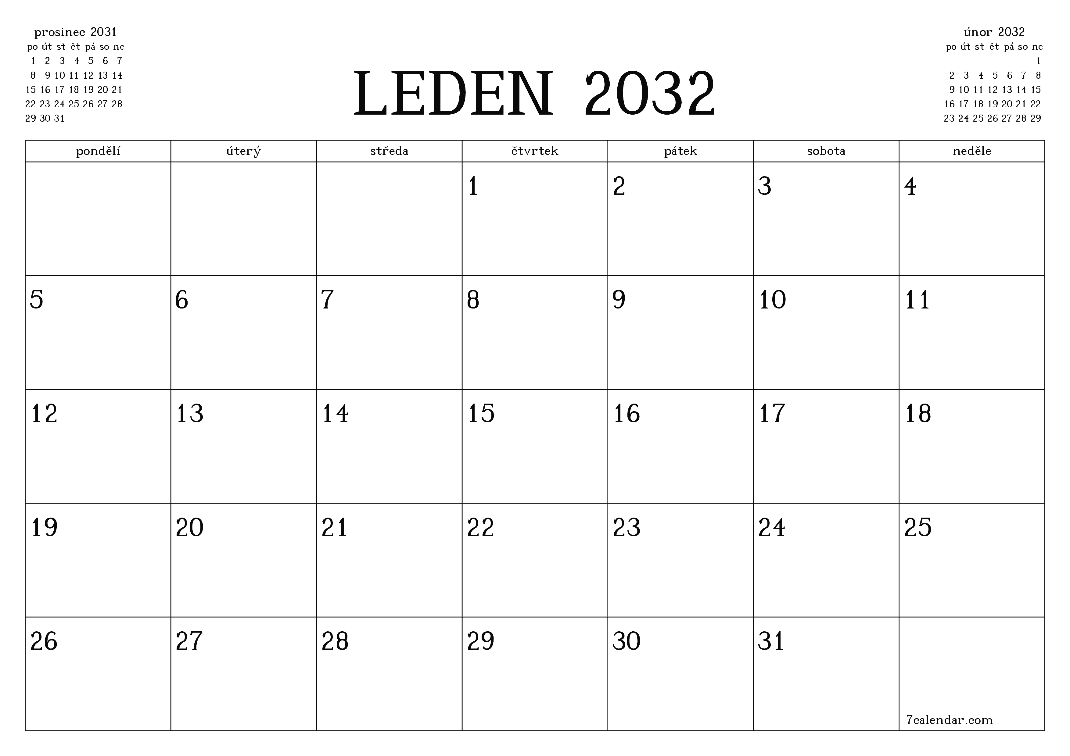 Vyprázdnit měsíční plánovač na měsíc leden 2032 s poznámkami, uložit a vytisknout do PDF PNG Czech