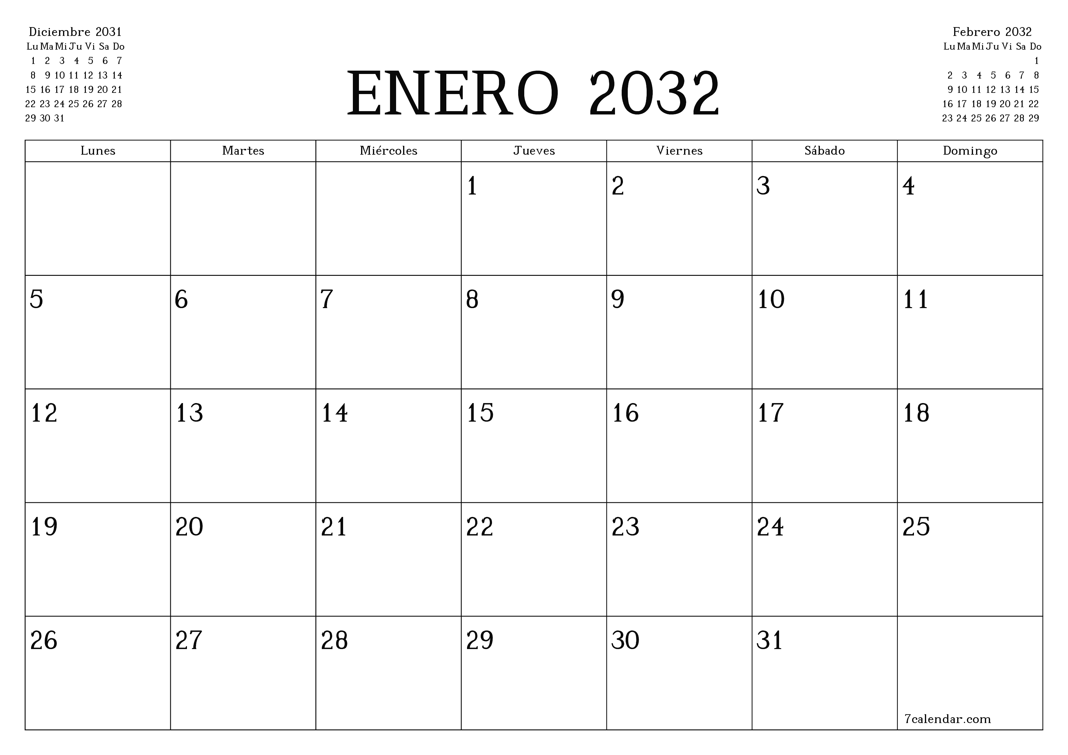 Planificador mensual vacío para el mes Enero 2032 con notas, guardar e imprimir en PDF PNG Spanish
