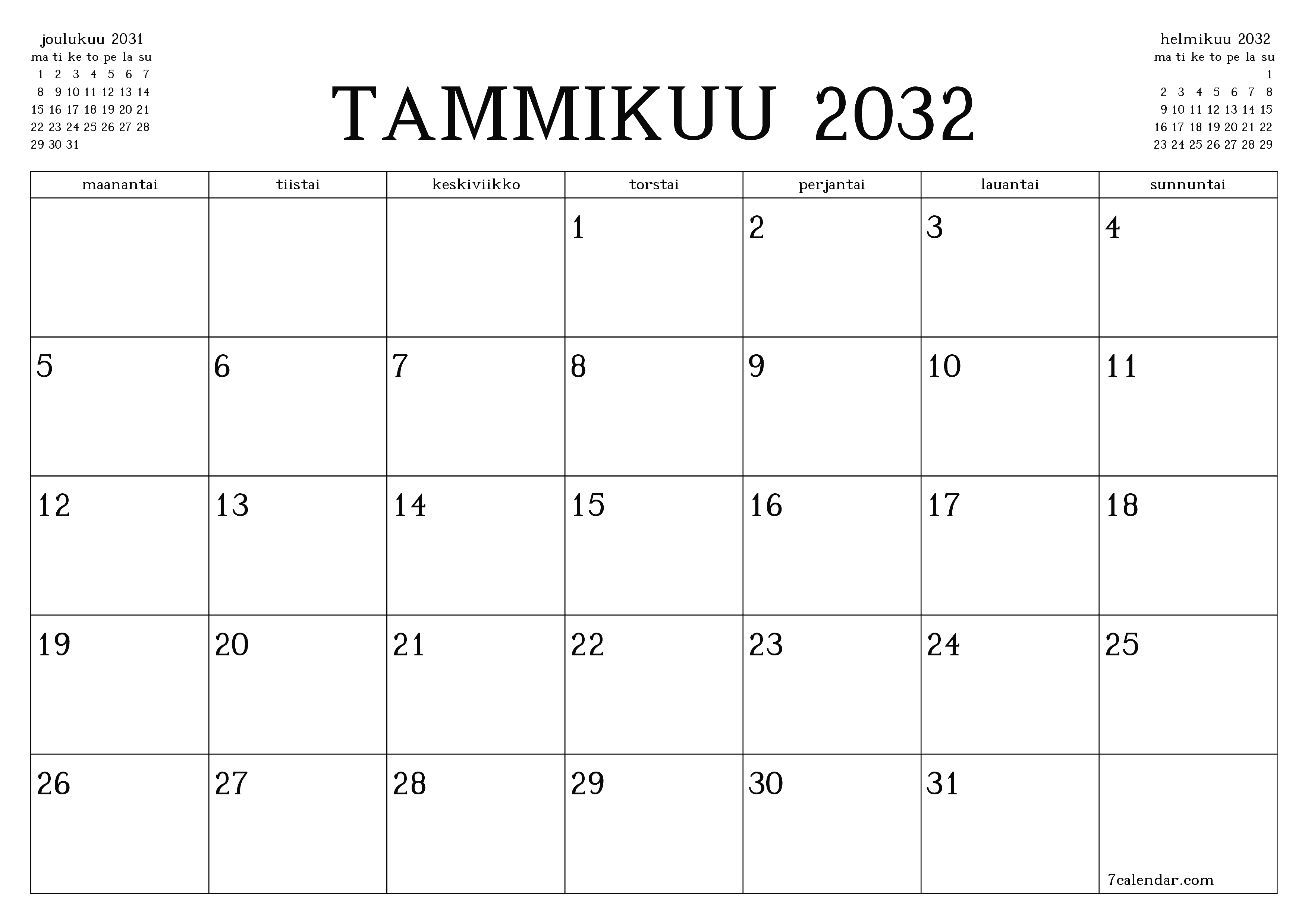 Tyhjennä kuukausittainen suunnittelija kuukaudelle Tammikuu 2032 muistiinpanoilla, tallenna ja tulosta PDF-muotoon PNG Finnish