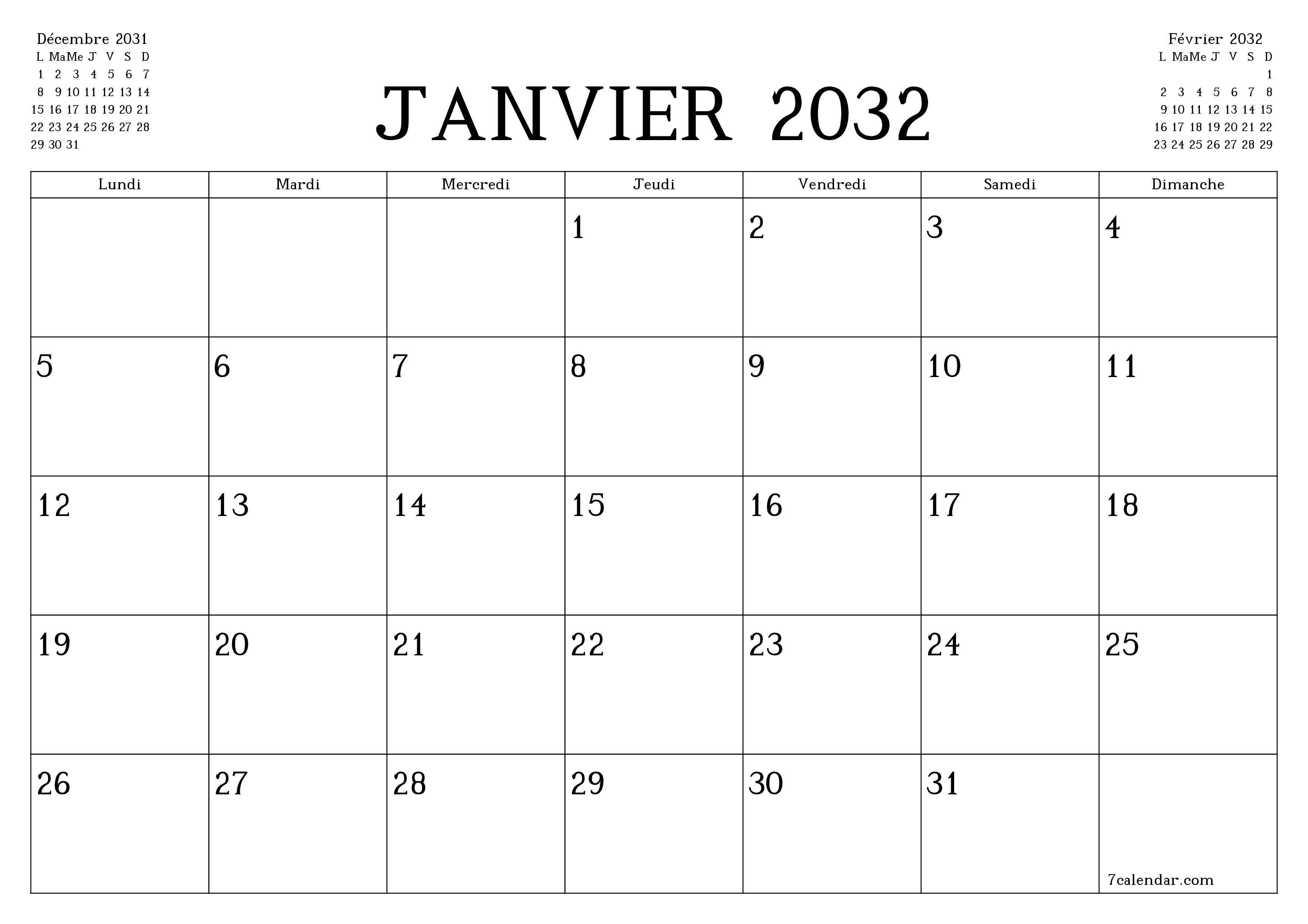 Agenda mensuel vide pour le mois Janvier 2032 avec notes, enregistrez et imprimez au format PDF PNG French