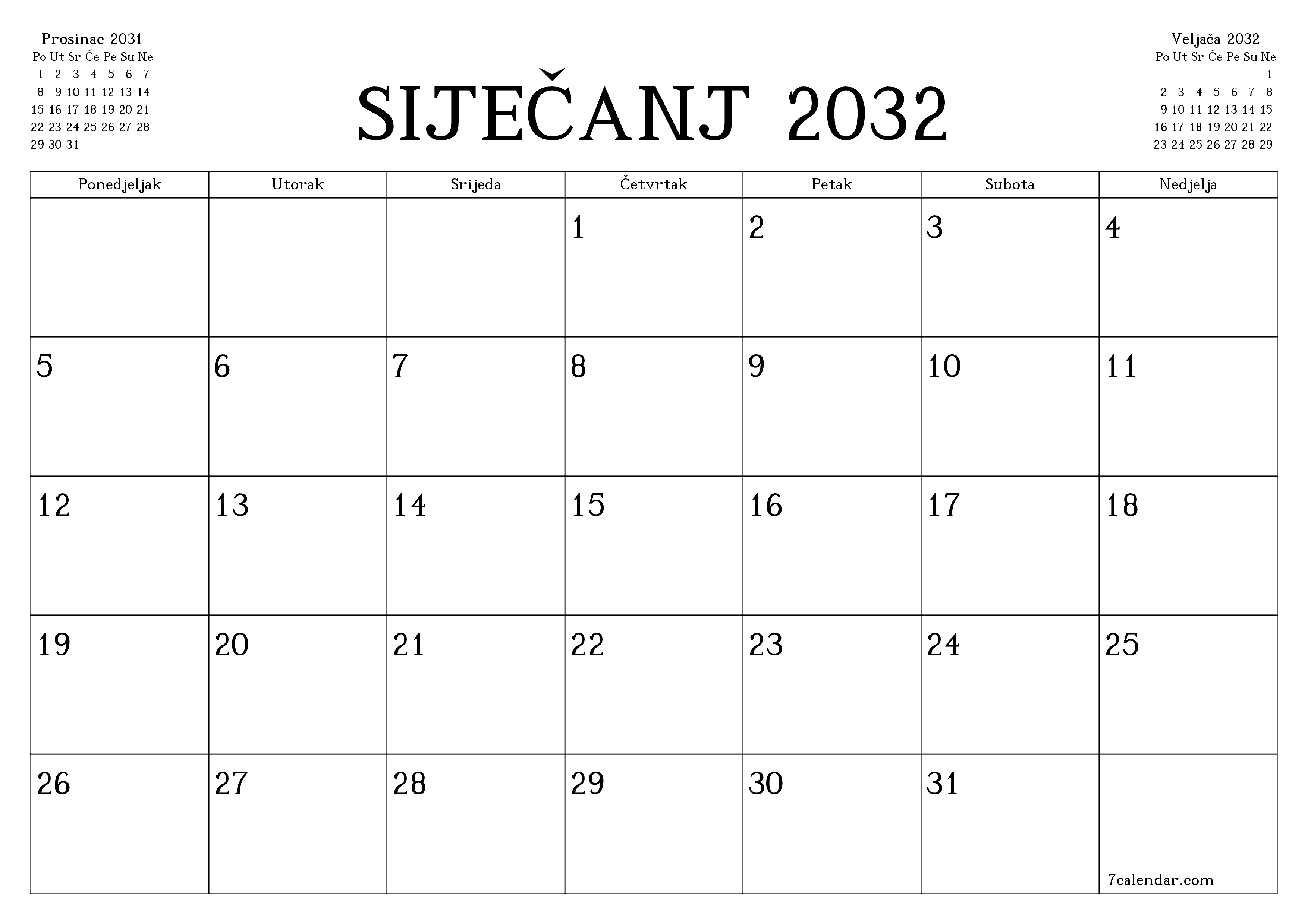 Ispraznite mjesečni planer za mjesec Siječanj 2032 s bilješkama, spremite i ispišite u PDF PNG Croatian